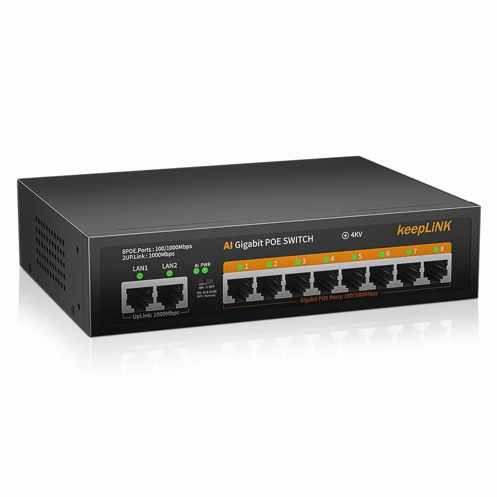 10 Port Gigabit PoE Switch, 8 Ports 1000Mbps PoE+, 2 Ports 1000Mbps Uplink, Puissance intégrée de 120 W IEEE802.3af/at, Plug and Play Non géré en métal sans Ventilateur