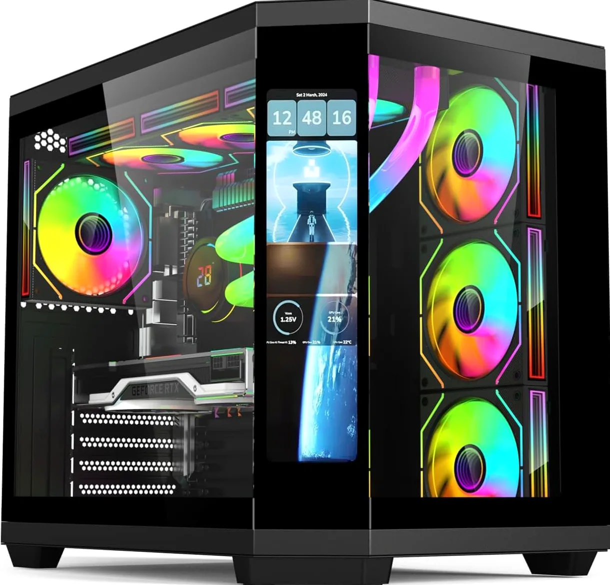 Boîtier PC - Gaming | IONZ APEX Vision - Tour intermédiaire ATX, double chambre avec 4 ventilateurs ARGB PWM - Écran LCD | Noir