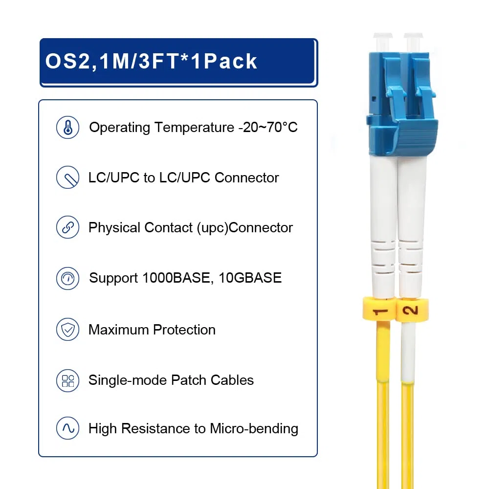 Lot de 20 câbles de fibre optique OS2 LC vers LC - Câble de raccordement en fibre optique multimode - 1 Go/10 Go - Duplex LC-LC 9/125um - LSZH - 1 m