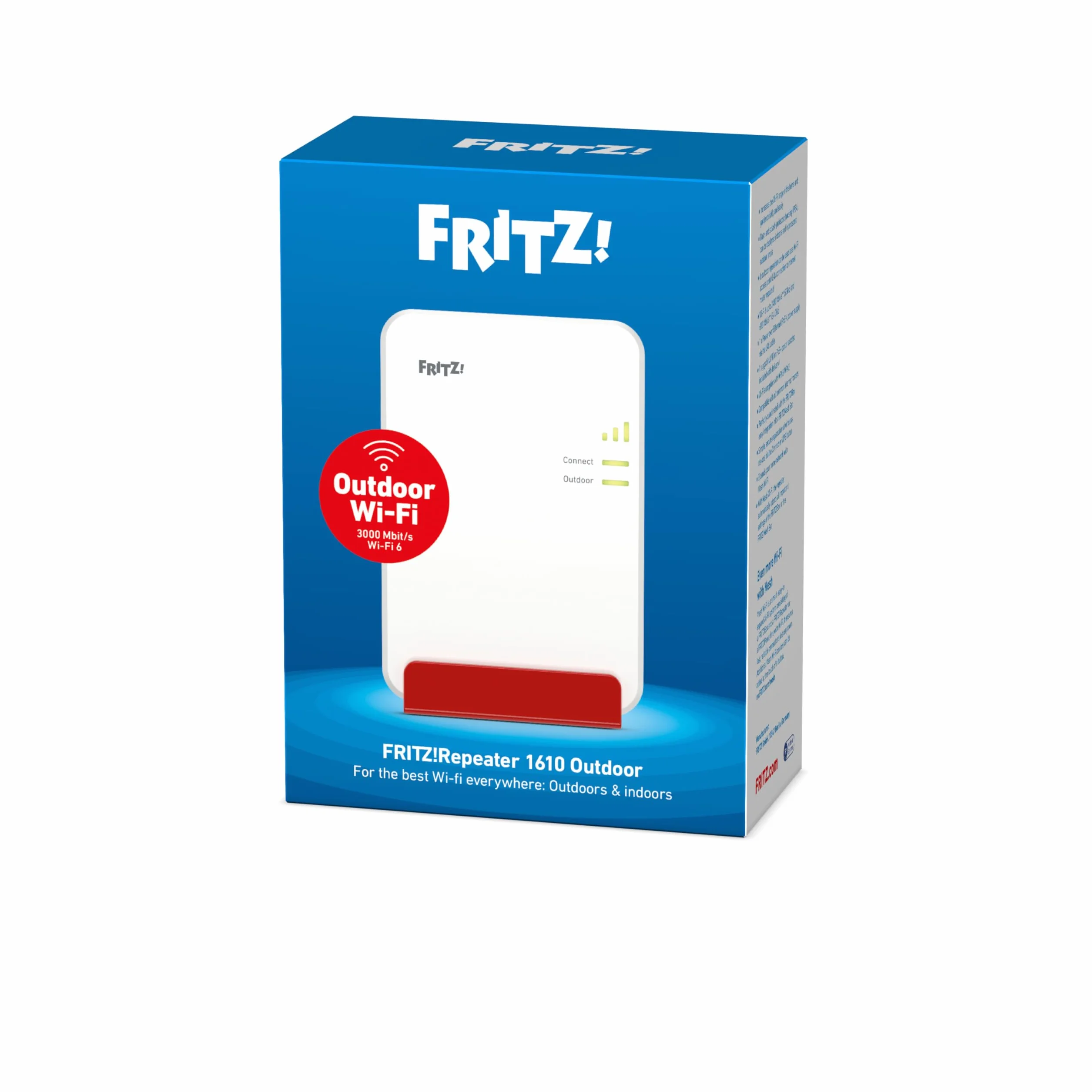 FRITZ!Repeater 1610 Outdoor | Extension Wi-FI | Wi-FI 6 jusqu'à 3 GBit/s | Wi-Fi bi-bande (2,4/5 GHz), anti-poussière et eau, pour intérieur et extérieur, PoE, Mesh Wi-Fi, Made in Europe