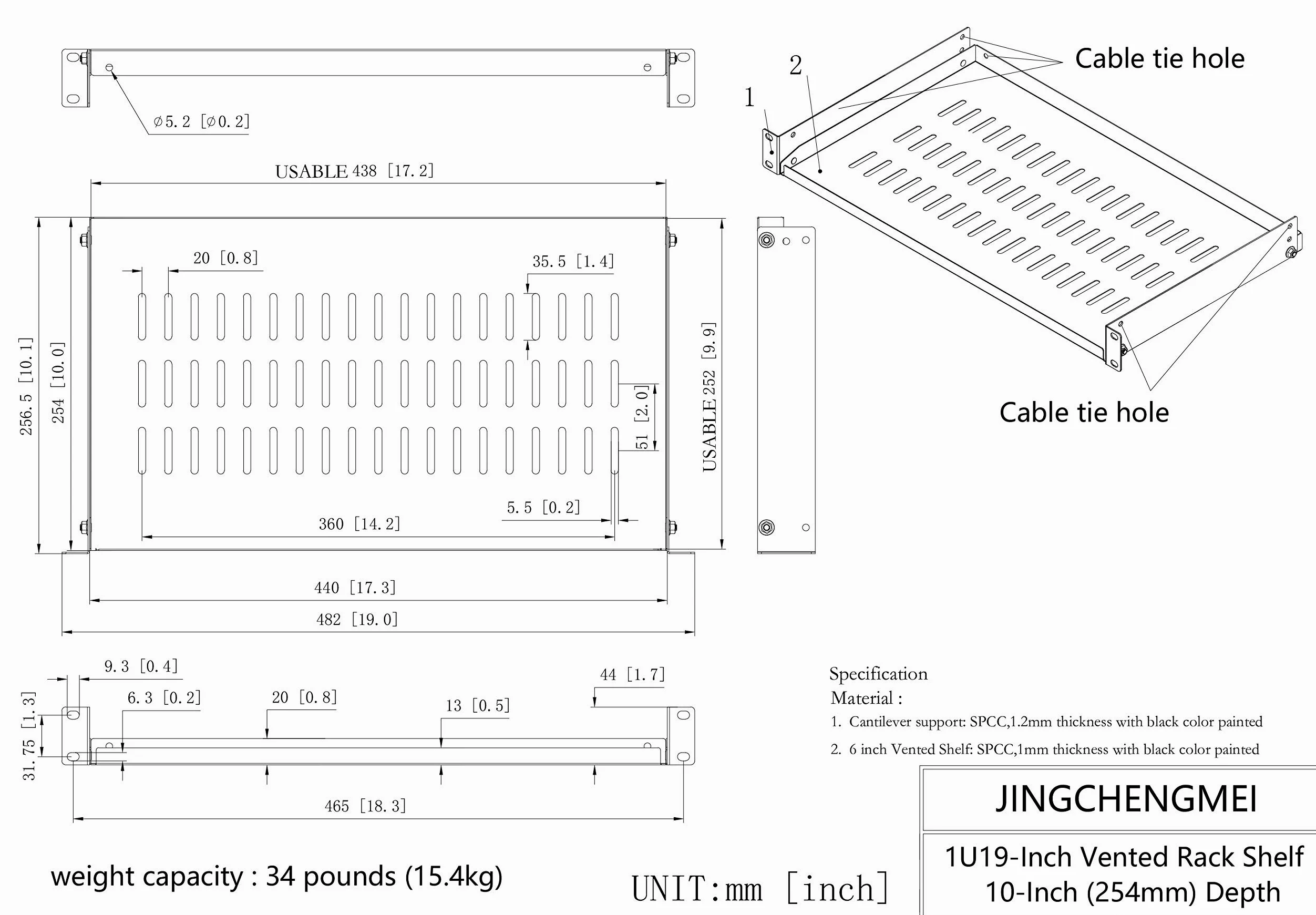 Cantilever Lot de 2 étagères, 48,2 cm, démontées, pour rack ou armoire de serveur jusqu'à 20 kg, ventilées, 25 cm de profondeur, hauteur : 4,4 cm, noir