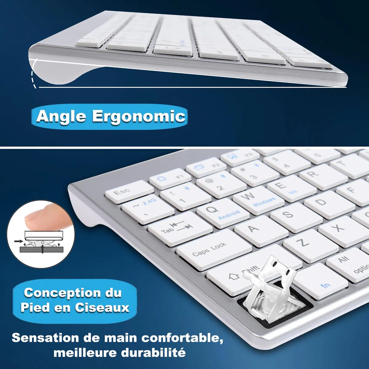 Ensembles Clavier Souris sans Fil 2.4Ghz & Bluetooth, Clavier et Souris sans Fil avec Batteries Rechargeables, Clavier Ultra-Fin avec Pavé Numérique, Souris Silencieuse,pour PC/Laptop/Mac,QWERTY