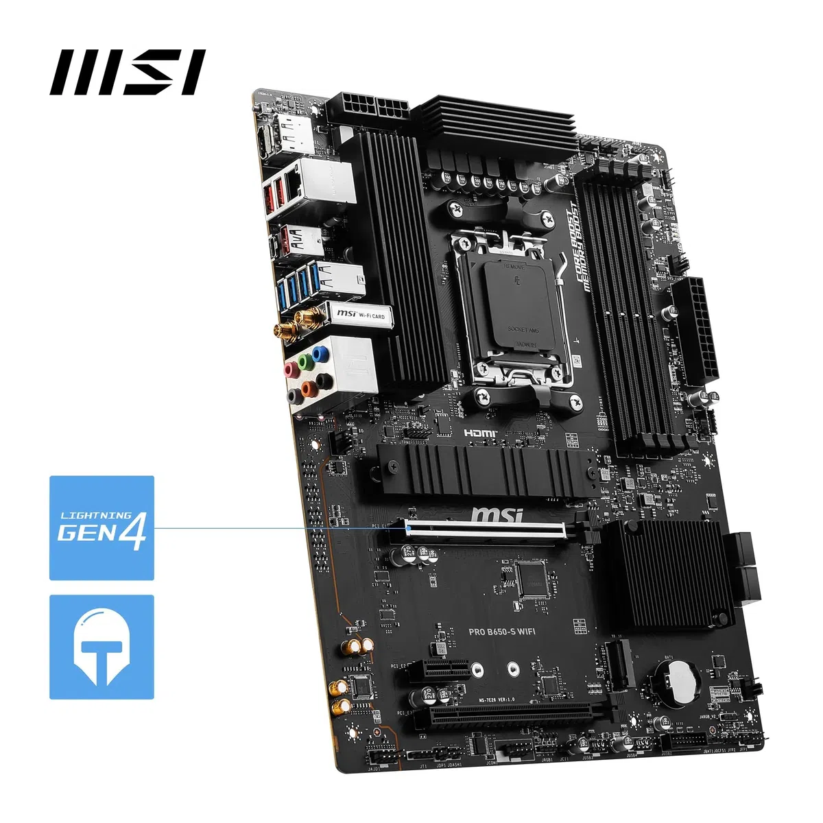 MSI Pro B650-S Carte mère WiFi V1, ATX - Prend en Charge Les processeurs AMD Ryzen 9000/8000/7000, AM5 - DDR5 Memory Boost 6000+MHz/OC, 2 x PCIe 4.0 x16, 2 x M.2 Gen4, Wi-FI 6E