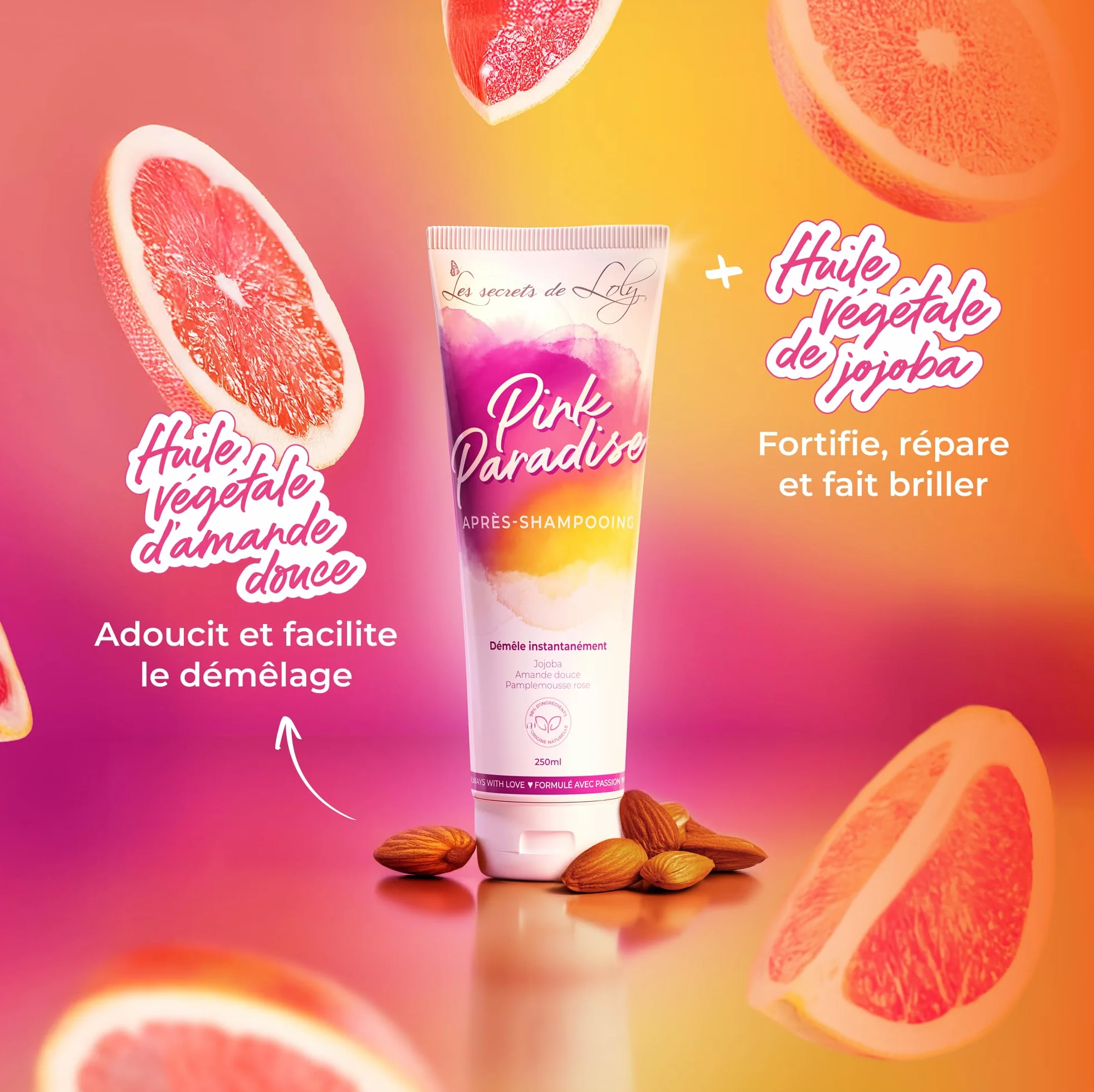 Les Secrets de Loly Après-shampooing ultra démêlant Pink Paradise 250 ml Fortifie & adoucit Cheveux ondulés bouclés frisés crépus 98% d'origine naturelle