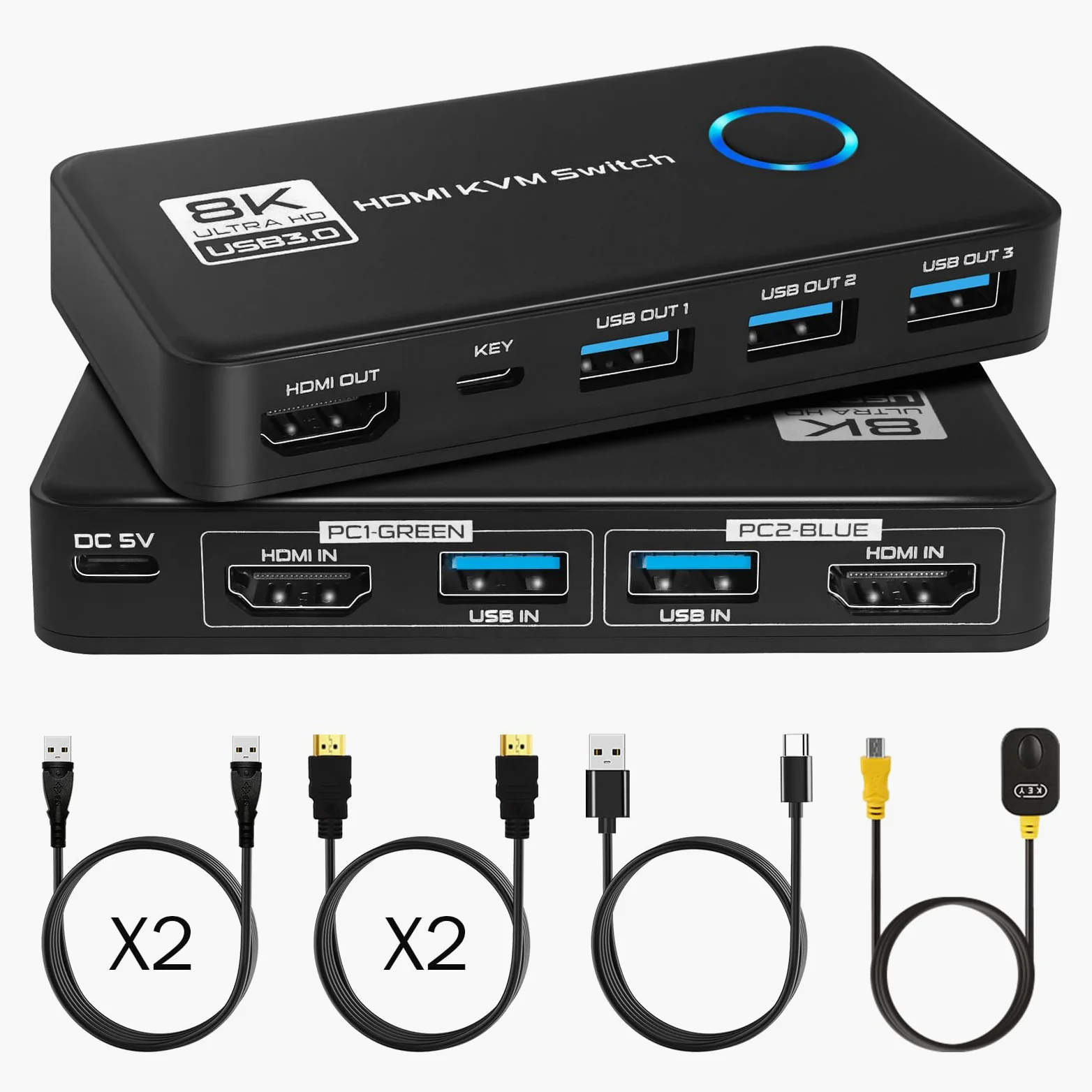 TCNEWCL 8K@60Hz Commutateur KVM HDMI USB 3.0 2 PC 1 moniteur 4K @ 120 Hz, 2 ports Commutateur KVM, prend en charge HDR, Dolby Audio, 3D, HDCP2.3, avec câble HDMI 2.1 et USB 3.0