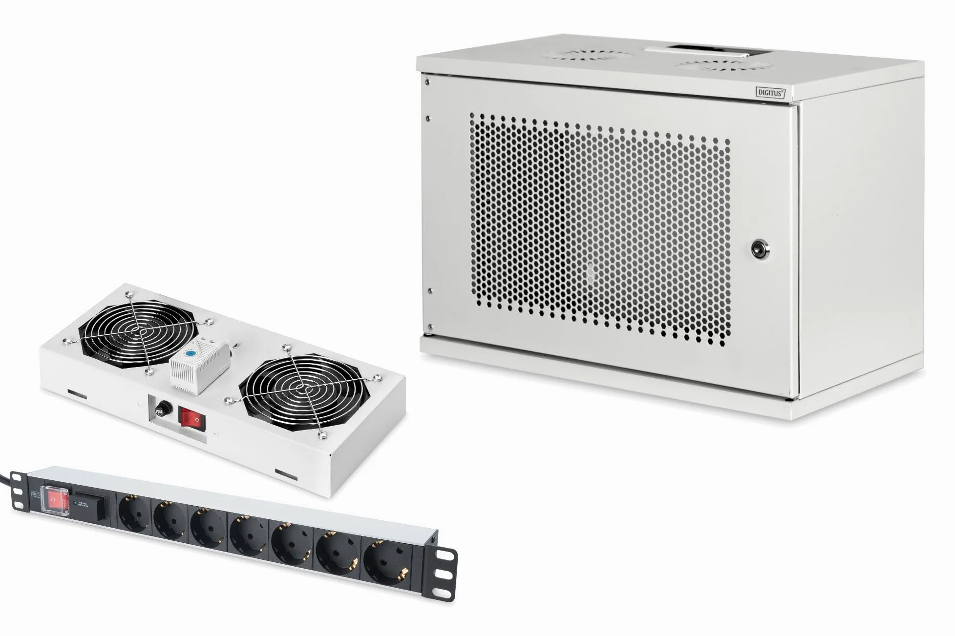 DIGITUS Set: Armoire réseau 19" 7U + Ventilateur de Toit + Bloc multiprise 7 Ports // Rack 19 Pouces - Non monté - Montage Mural - Charge 60 kg - Profondeur utile 170-270 mm - Porte Acier