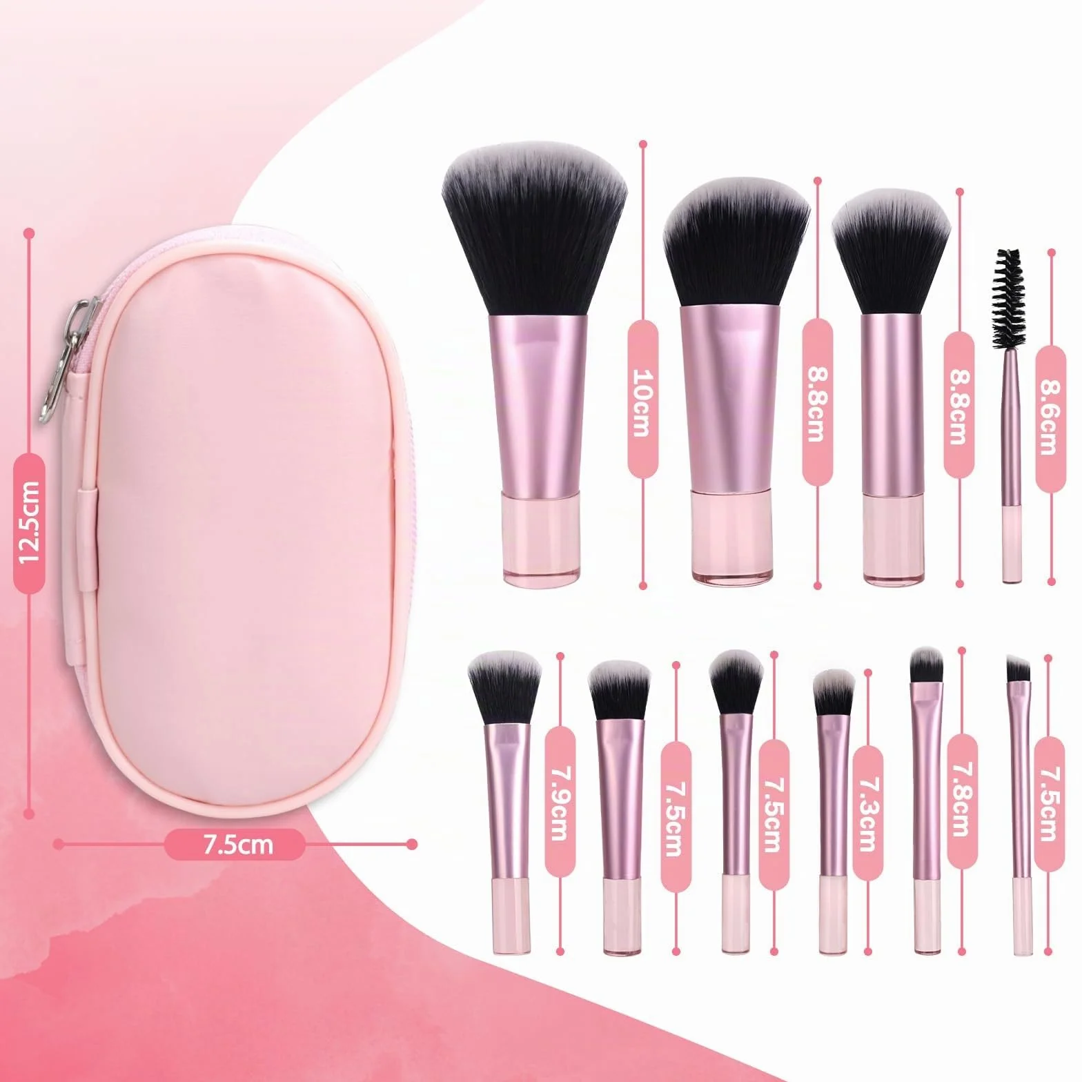 Lot de 10 Pinceaux de Maquillage de Voyage, Mini Pinceau avec Sac PU, Rose