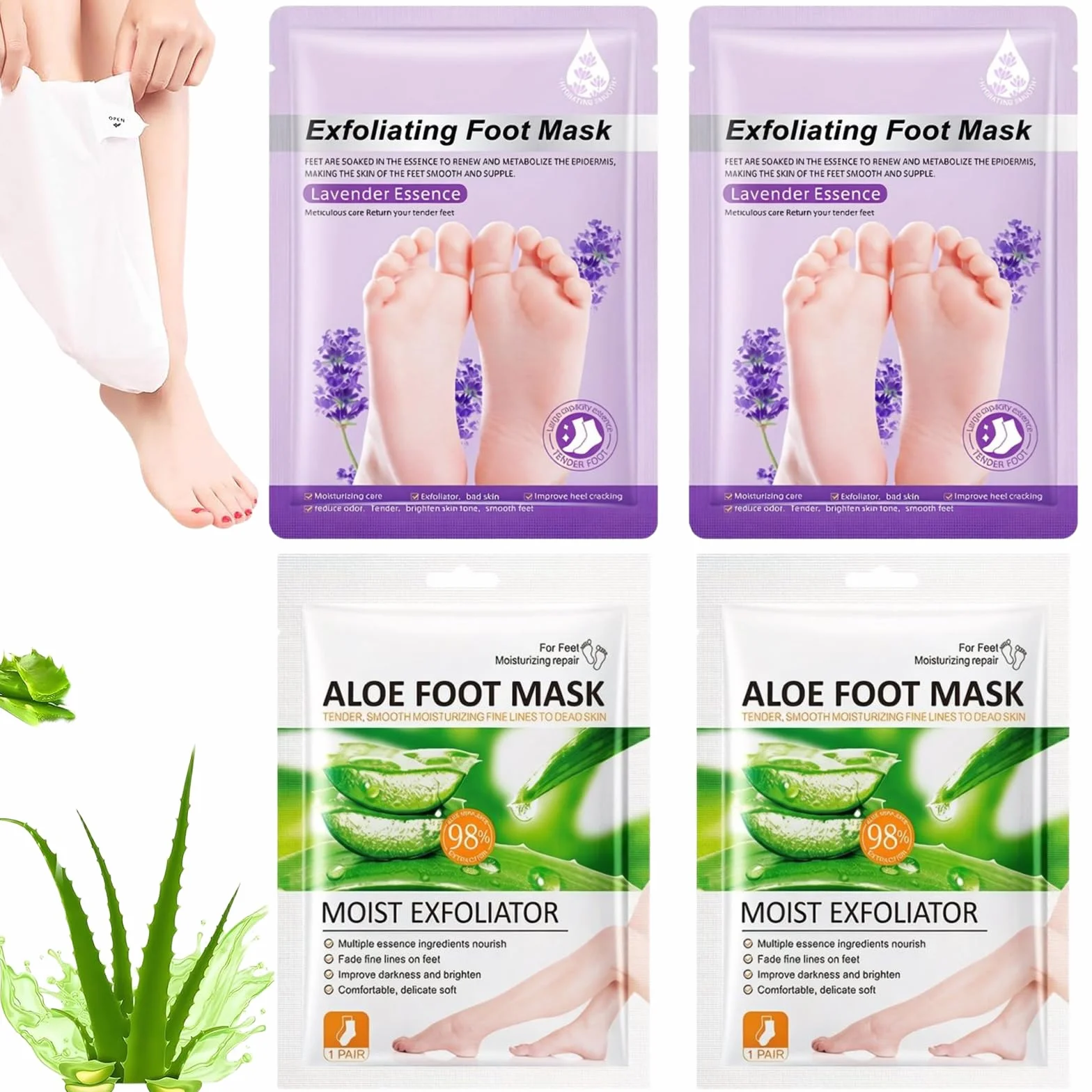 Masque Pied Peeling Exfoliant Aloe Vera Lavande, Soin Pied Éliminer Callosités Peaux Mortes Hydratation Intense