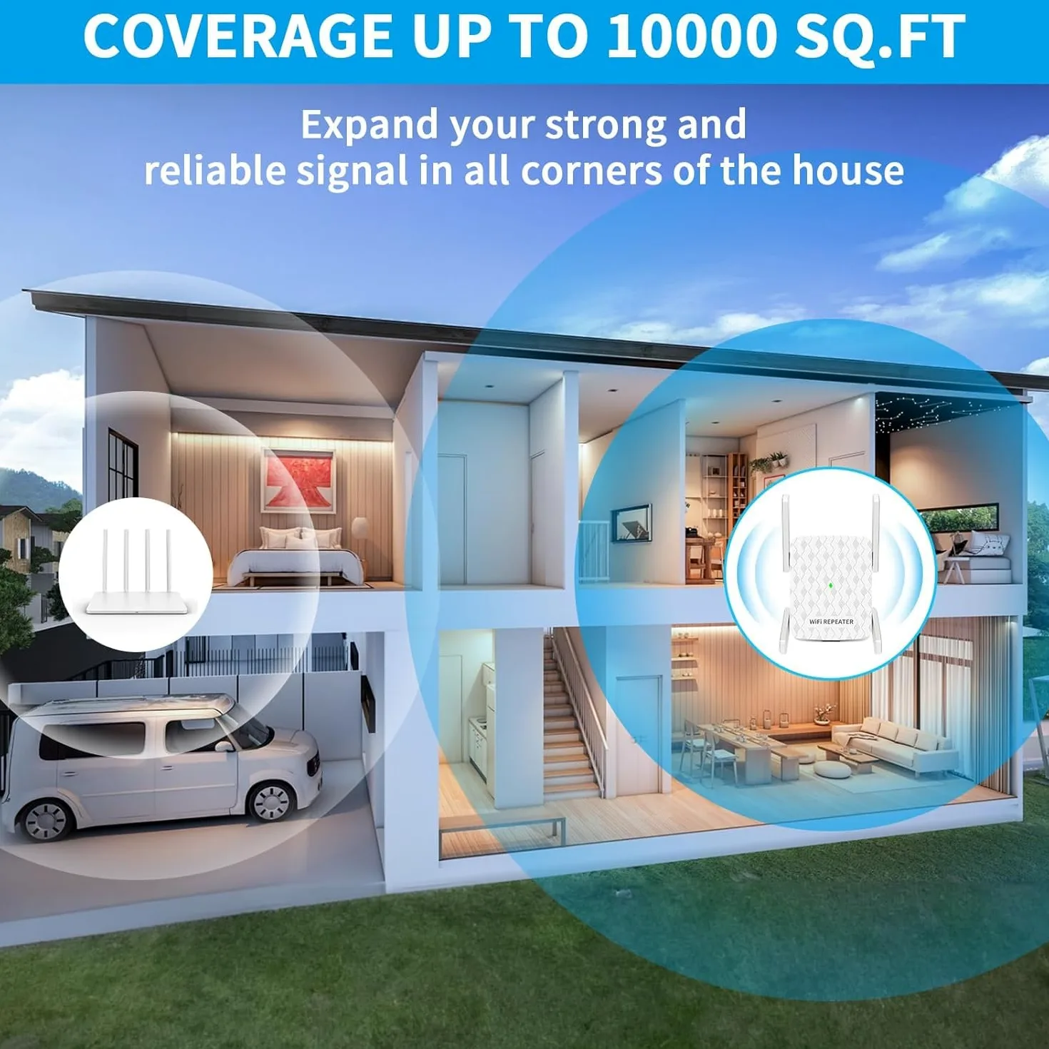 Amplificateur WiFi ultraxtended 1200 Mbps, répéteur WiFi double bande 5 GHz et 2,4 GHz – avec port Ethernet, 4 antennes, configuration rapide, amplificateur de signal sans fil domestique