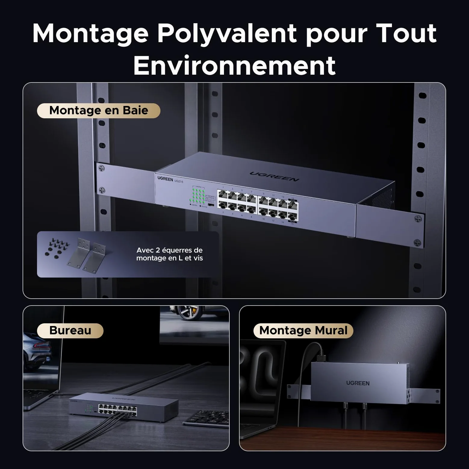 UGREEN Switch Ethernet Gigabit 16 Ports Hub Réseau LAN 1000Mbps | Montage sur Bureau ou Mural Splitter pour Bureau et Maison Multiprise RJ45 Compatible avec PC TV Imprimante Caméra Routeur
