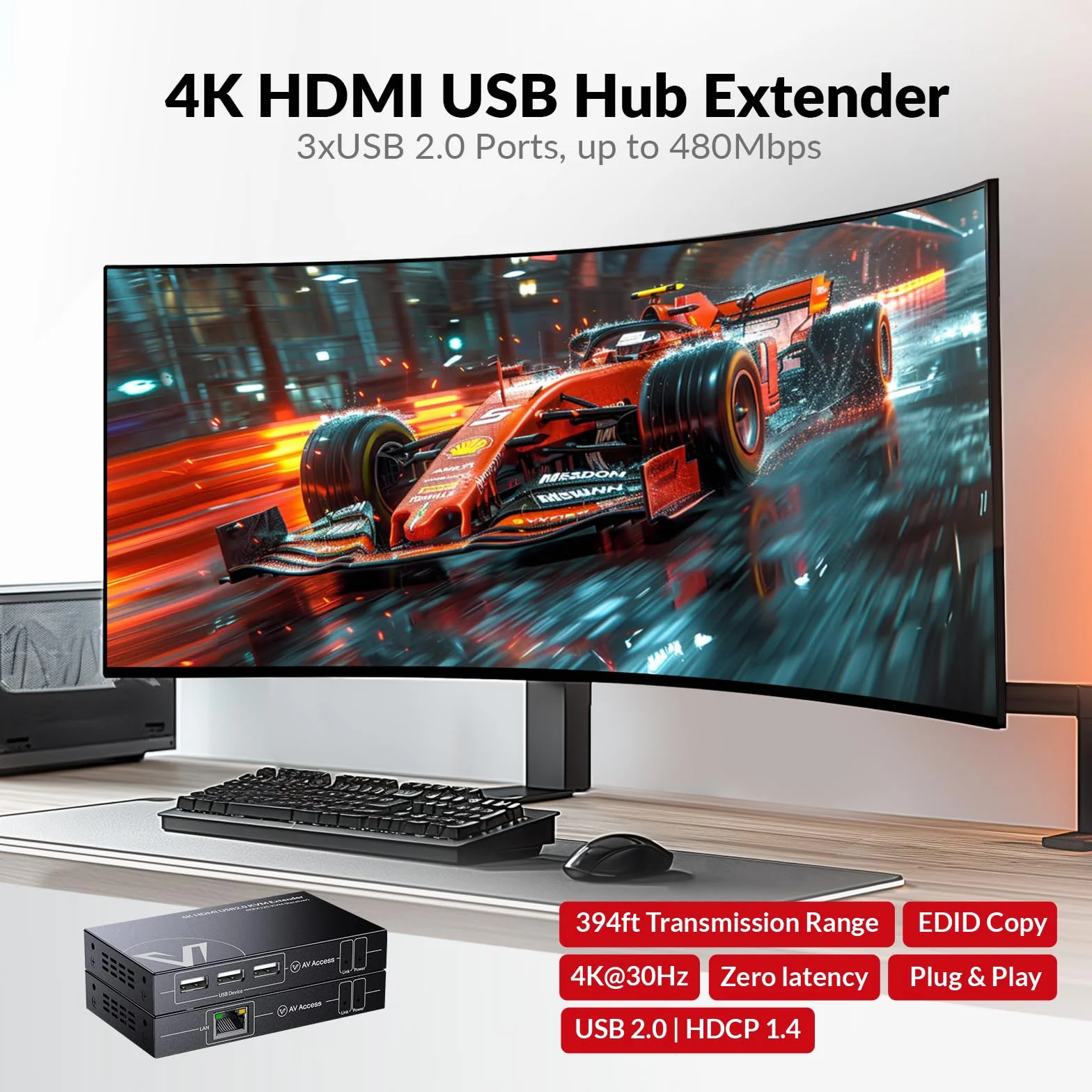AV Access Extendeur KVM HDMI 4K, 120m/394ft via Ethernet Cat5e/6, 1080P@120Hz, 3 ports USB 2.0, zéro latence, plug-and-play, extendeur KVM pour webcam, adapté aux jeux, Centre de données