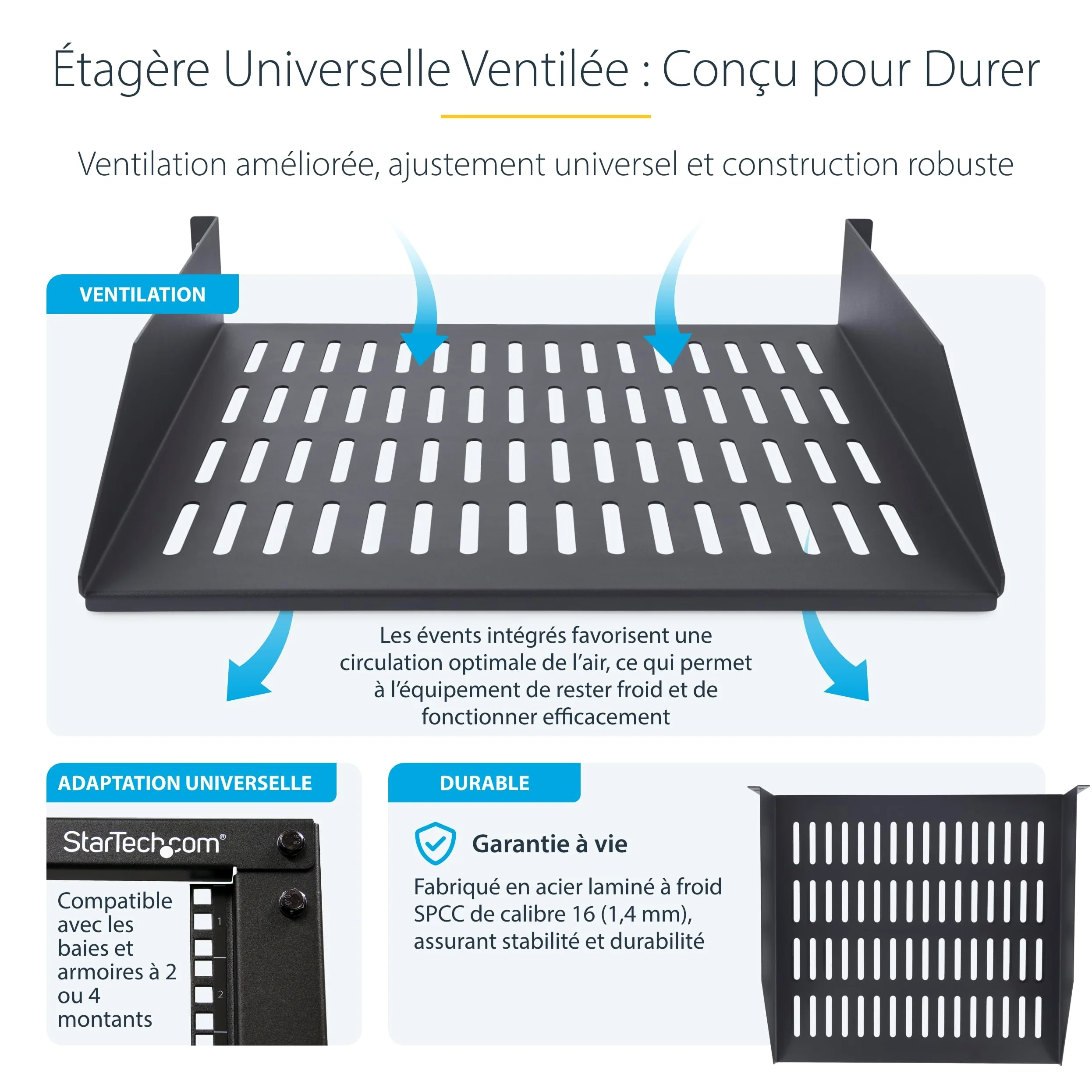 StarTech Étagère Ventilée Rack 2U, 41,5cm, 20kg (CABSHELFV2U-16-RACK) | Plateau, Montage en rack, Armoire, Acier SPCC, Écrous et vis