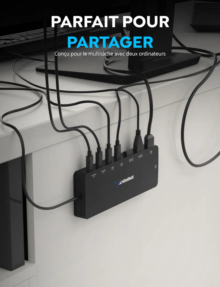 SABRENT KVM Switch, 2 port USB C Inputs, 2 outputs avec 60W PD, 2 USB, 2 port HDMI 4K@60Hz pour moniteur, ordinateur portable, PC, imprimante, scanner, souris, clavier Indicateurs de périphériques LED