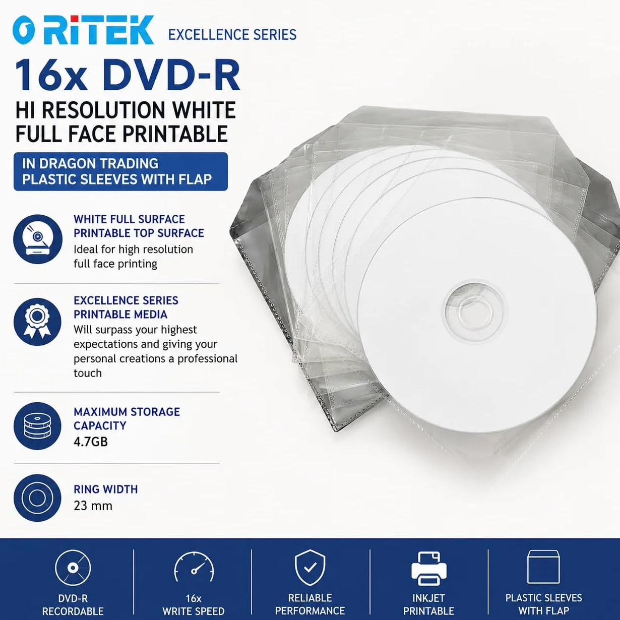 Ritek DVD-R vierges imprimables jet d'encre 16x 5 pièces pochettes plastique rabat Blanc