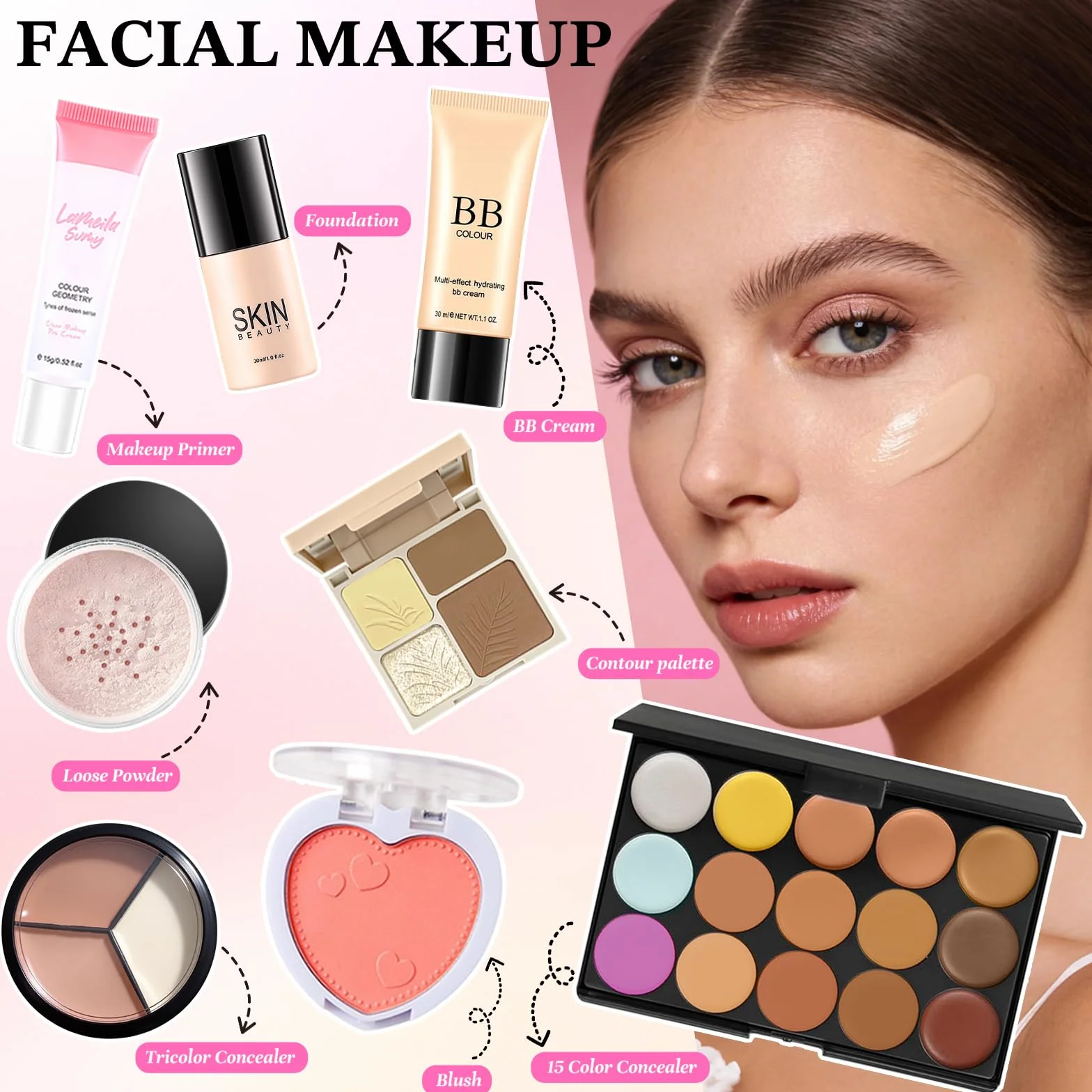 Coffret Maquillage Femme Kit Complet Ombres Paupière Fond de Teint Correcteur Blush Rouge à Lèvre Mascara Eyeliner Pinceaux