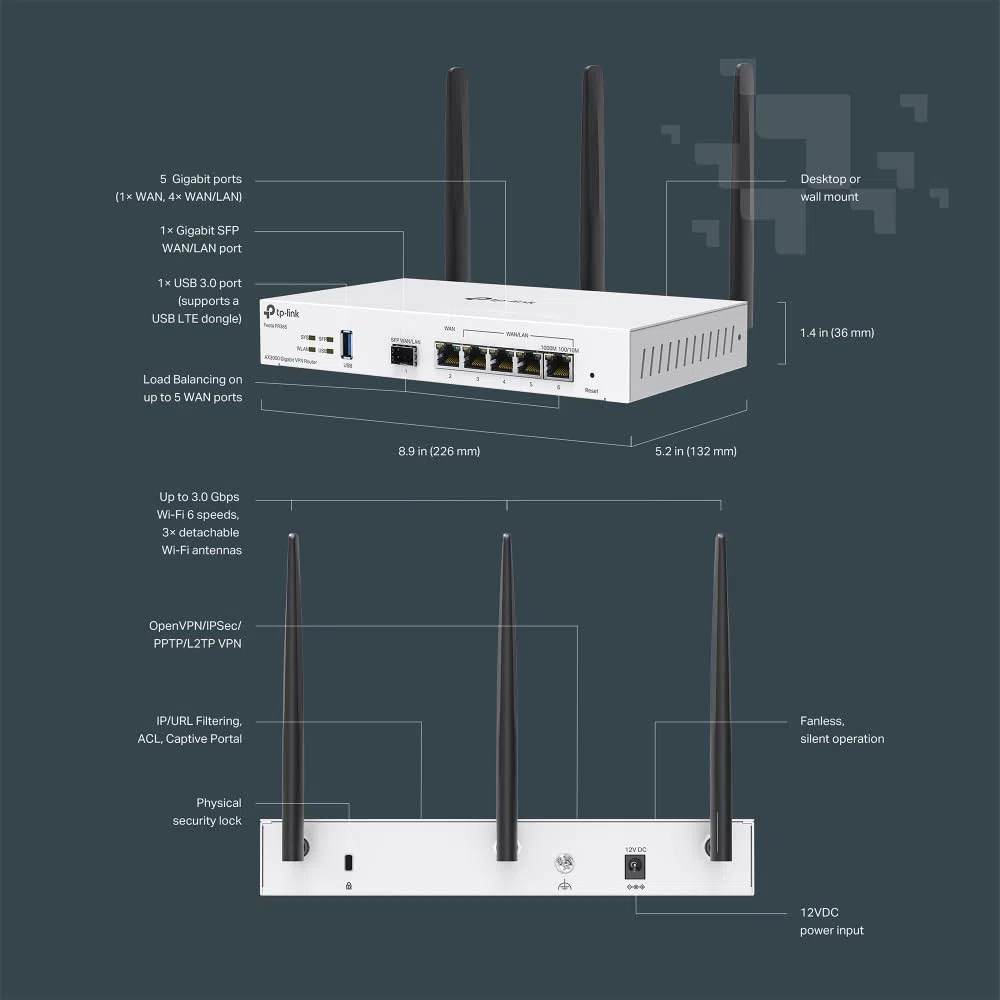 TP-Link Festa FR365, AX3000 Routeur VPN WiFi 6, jusqu'à 5 Gigabit WAN + 1 USB 3.0 WAN + 1 SFP, réseau Auto-organisé, Cloud Gratuit, équilibre de Charge, Maillage, itinérance Transparente, ne