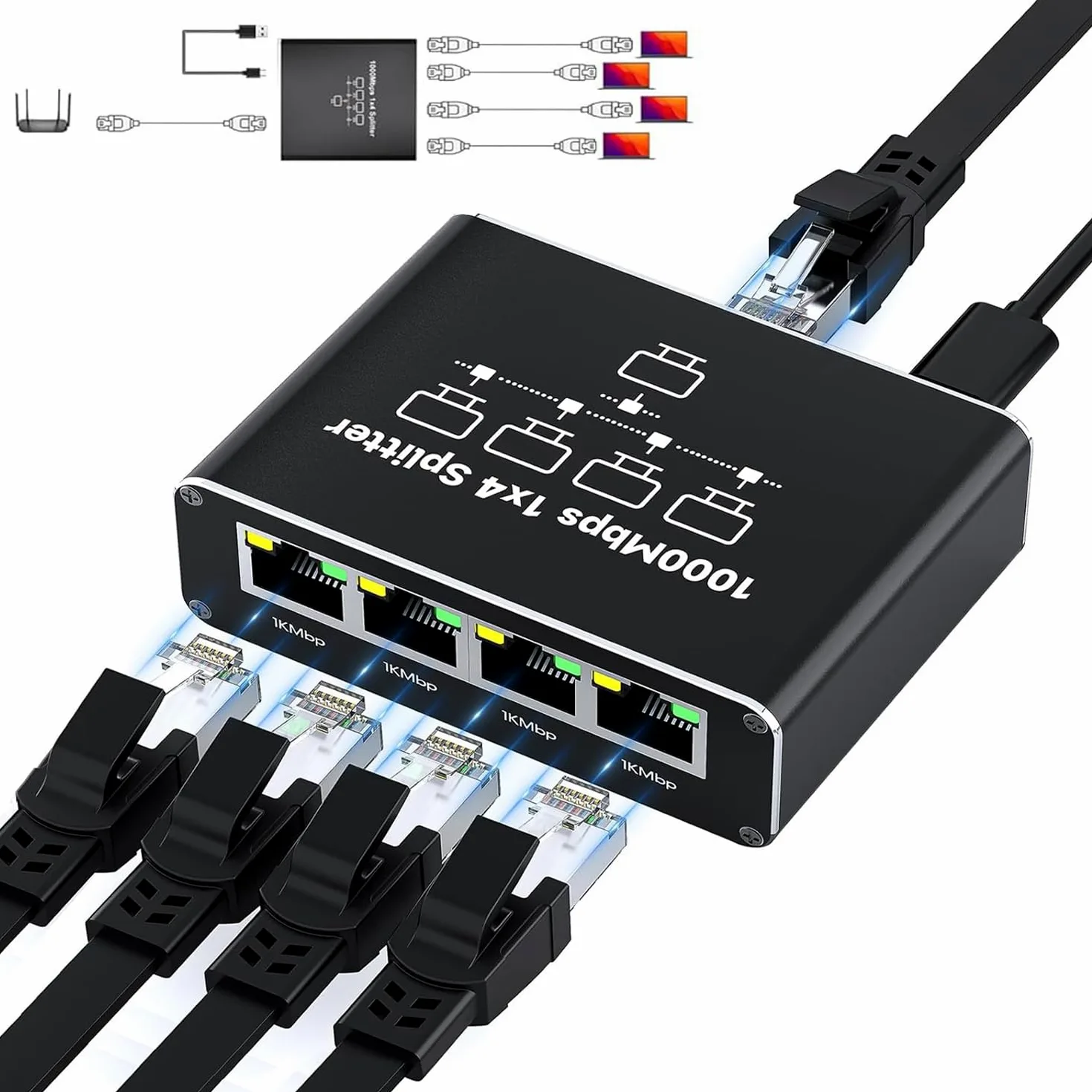 Répartiteur Ethernet 1 à 4, répartiteur Internet haut débit 1000 Mbps, commutateur de routeur de port Gigabit RJ45, répartiteur LAN, prenant en charge la mise en réseau simultanée de 4 appareils
