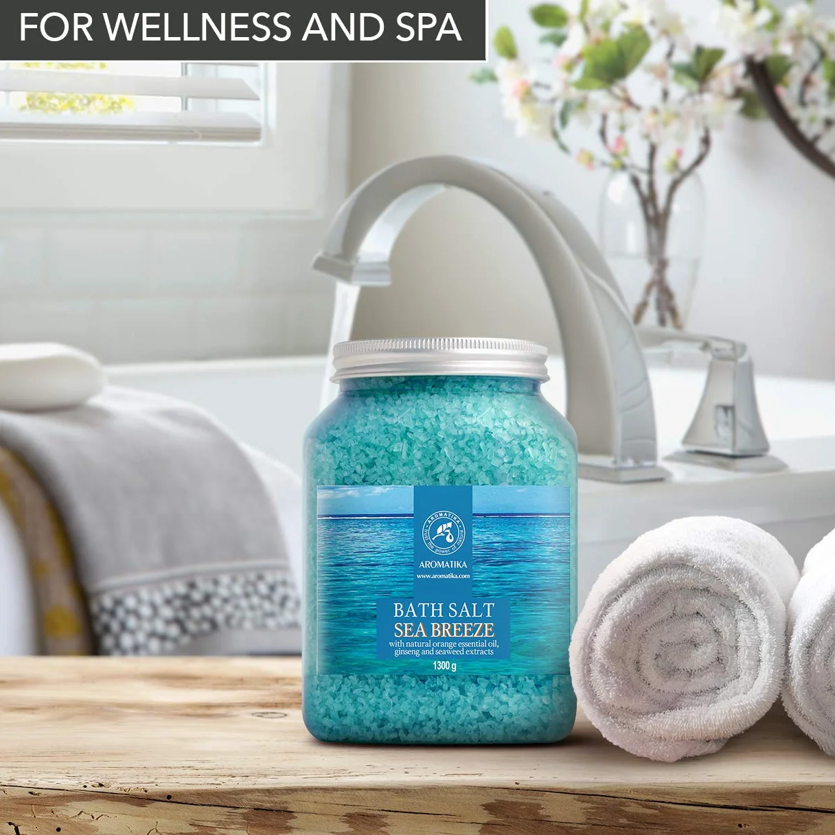 Sel Marin avec Huile Essentielle de Orange - Extraits de Ginseng & Algues - Sel de Bain Brise Marine 1300g - Relaxation - Soin du Corps