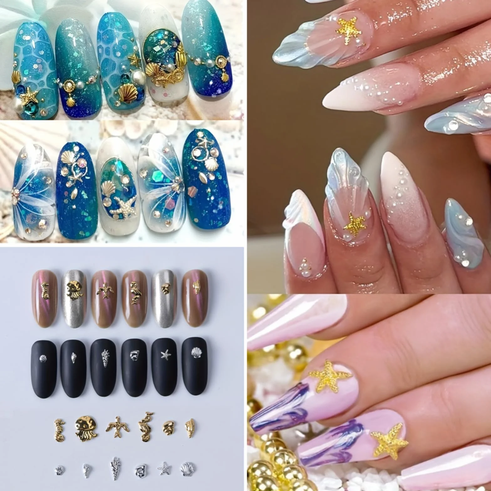 Charmes pour ongles en coquillages d'été, clous d'ongles dorés océan, strass acrylique (or)