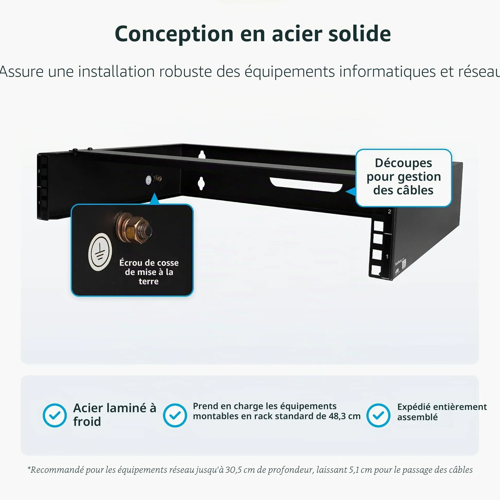 StarTech Rack Mural 2U 19", Profil Bas, 36cm, 35kg (RACK-2U-14-BRACKET) | Réseau, Baie de brassage, Support étagère, Serveur, Équipement informatique/réseau, Mini baie, Noir
