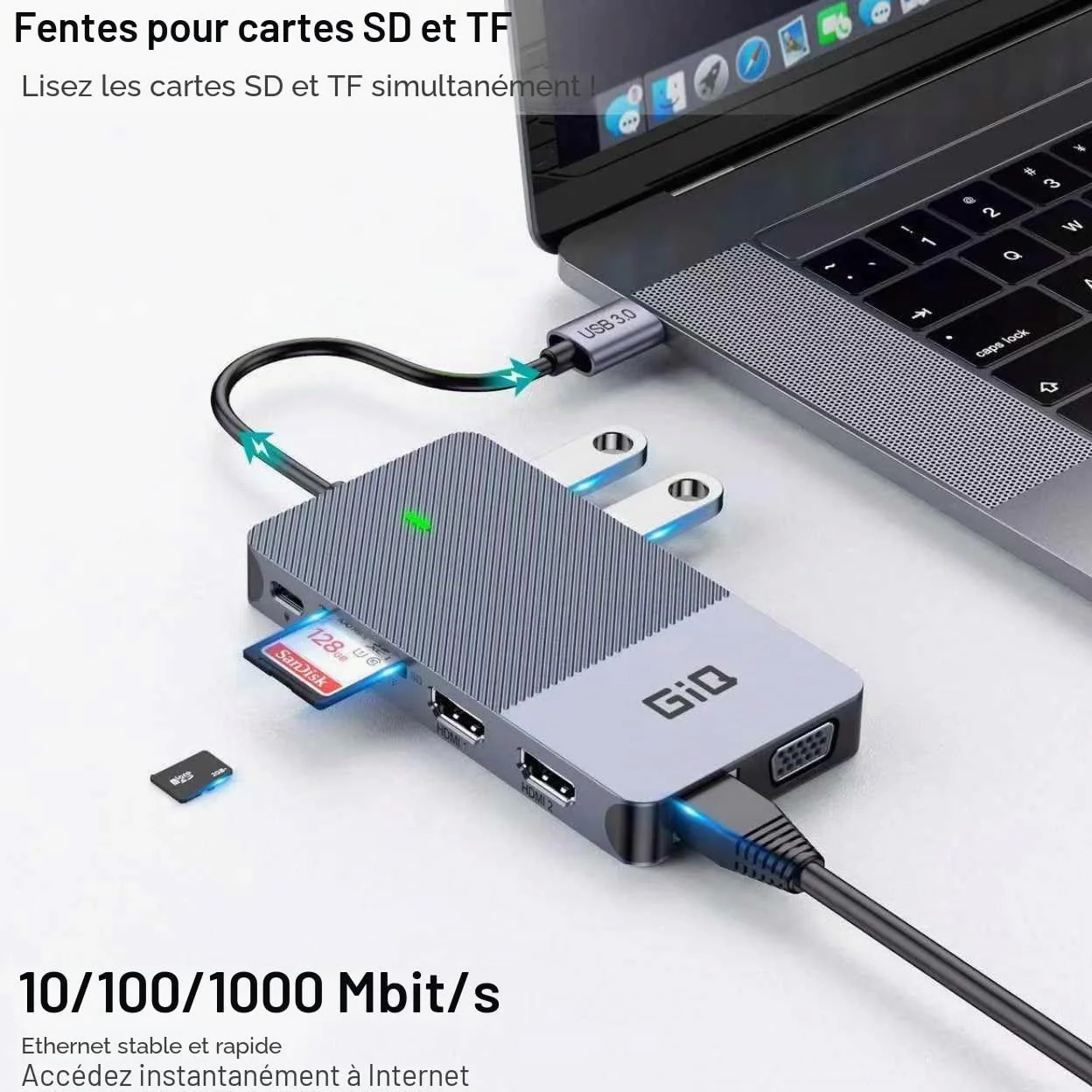 Station d'accueil USB Giq USB C HUB USB 3.0 vers Double HDMI VGA Adaptateur Triple Affichage USB C pour Ordinateur Portable Double Moniteur HDMI Splitter Extender Compatible avec MacBook M1 M2 USB
