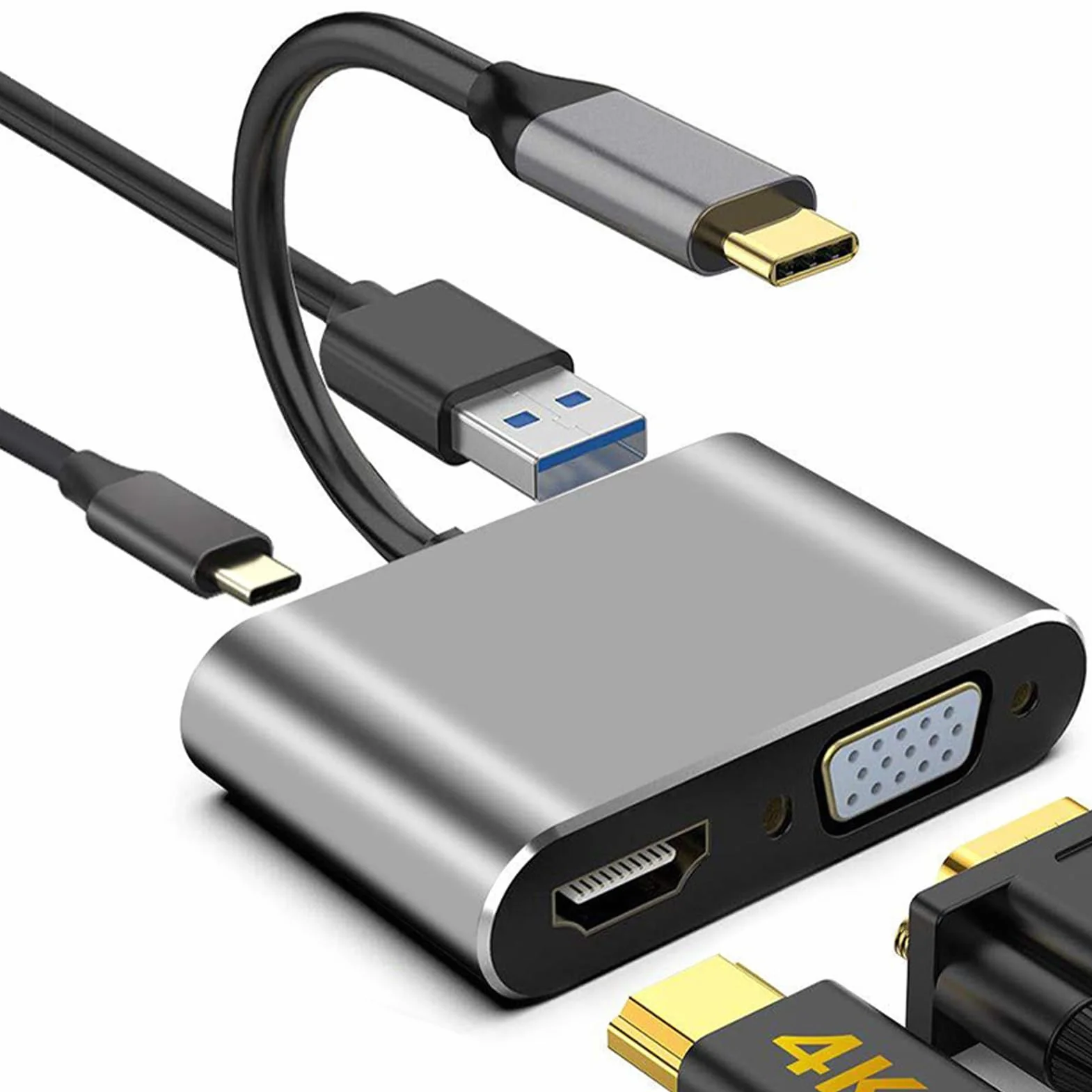Adaptateur USB C vers HDMI VGA USB 3.0 PD 4 en 1 Hub Multiport Charge 100W pour MacBook Chromebook HDTV