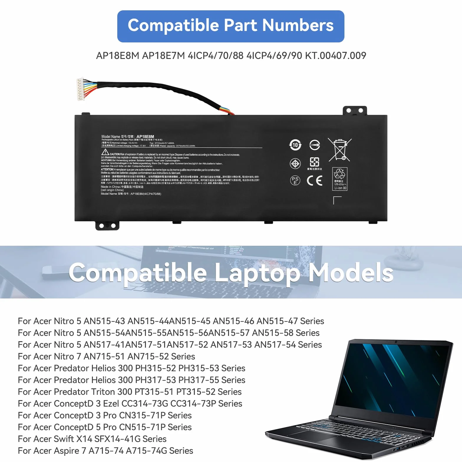K KYUER AP18E8M AP18E7M Batterie pour Acer Nitro 5 AN515-54 AN515-43 AN517-51 AN517-52 AN715-51 Aspire A715-74G Predator Triton 300 PT315-51 PT315-52 Helios 300 PH315-52 PH317-53 ConceptD 3 5 Pro