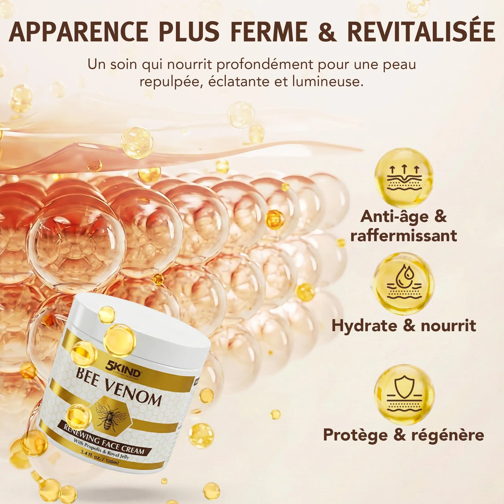 Crème Visage Régénérante au Venin d’Abeille 5Kind avec Propolis & Gelée Royale 100 ml - Crème Anti-Âge