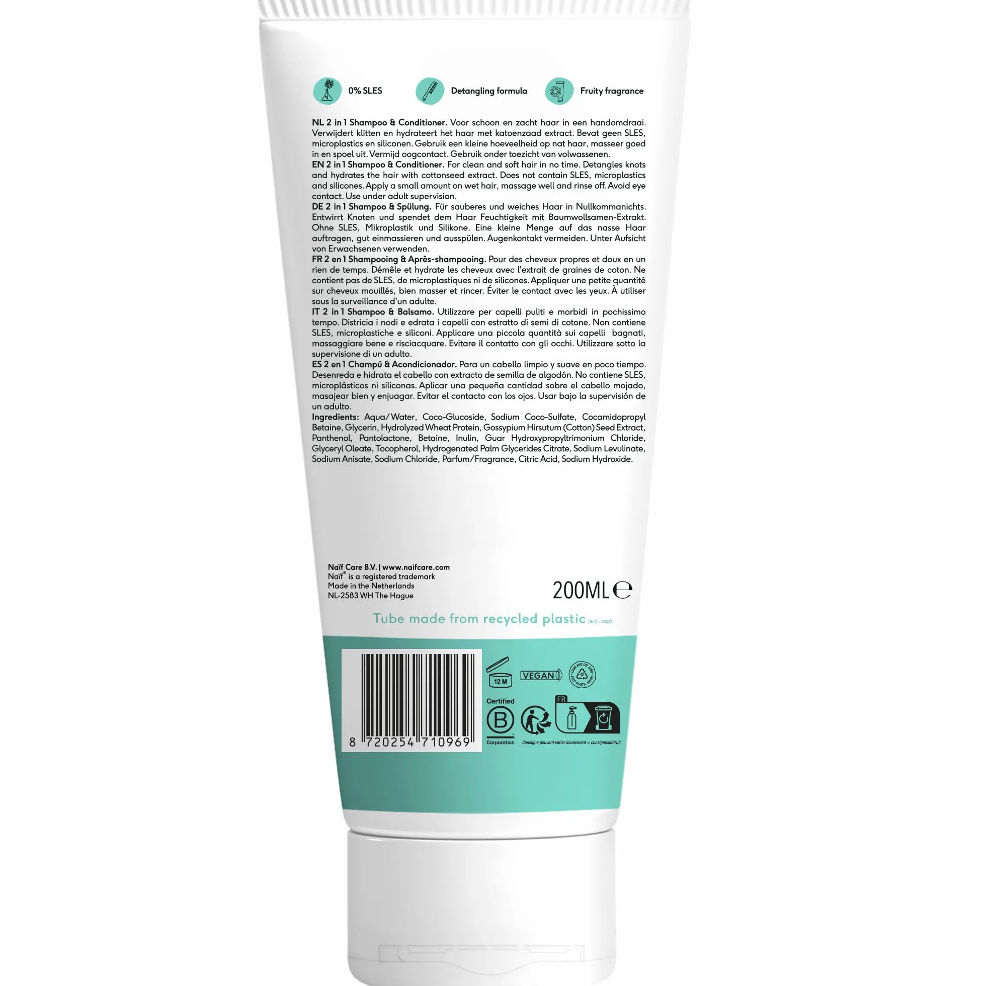 Naïf Shampoing & Après-Shampoing 2 en 1 Bébé & Enfant 200 ml – 0% parfum, sans SLES, microplastiques ni silicones
