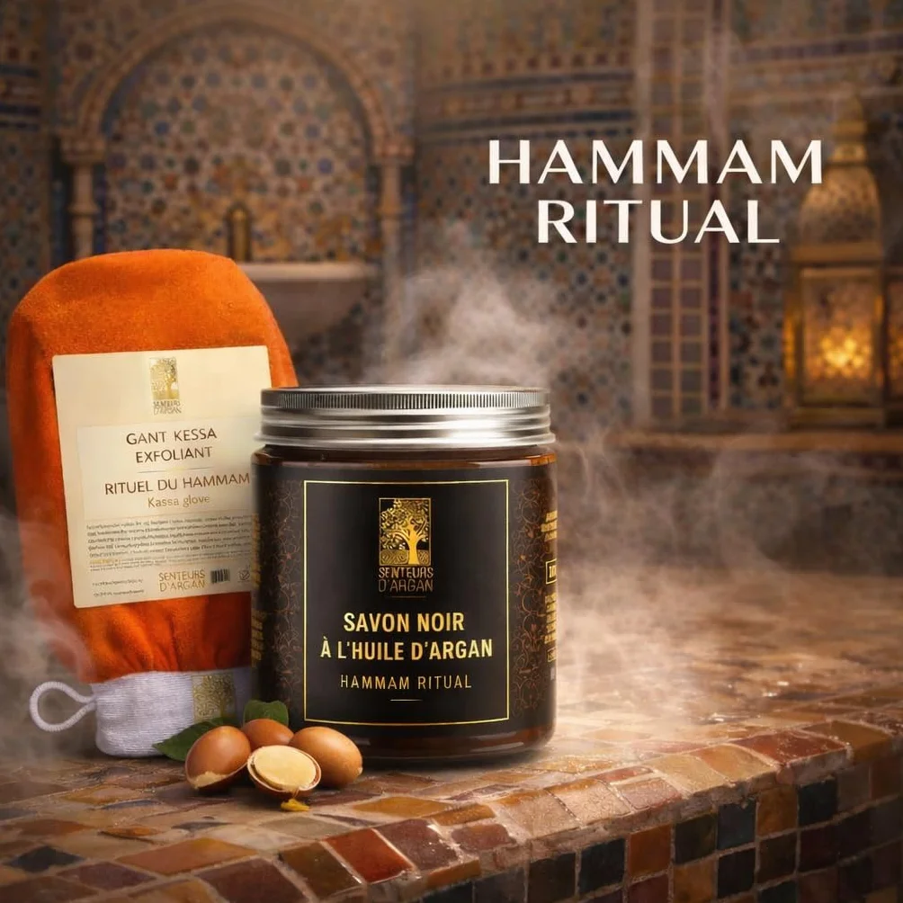 Gant de gommage kessa exfoliant + Savon noir à l'huile d'argan pour hammam