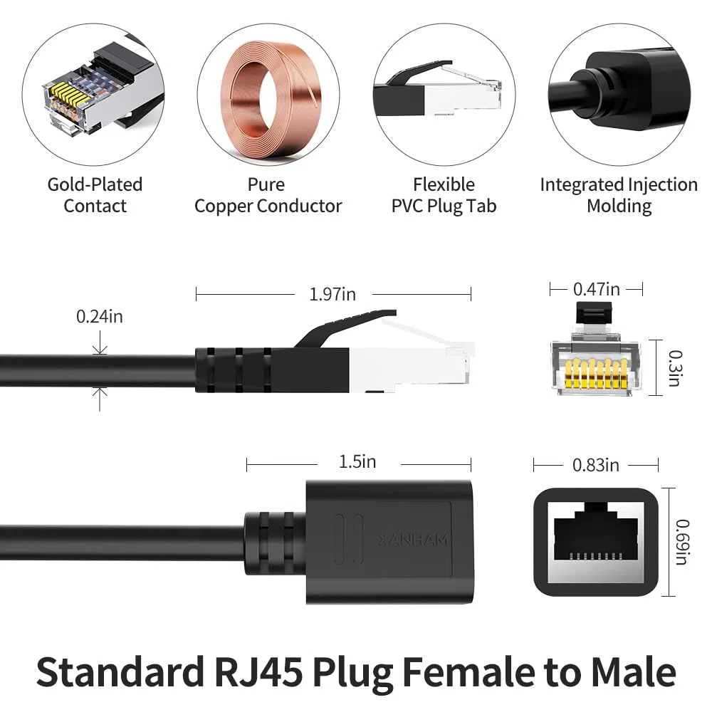 Câble d'extension Ethernet de 2 m Cat6 pour réseau RJ45 femelle vers mâle pour routeur, modem, PC, ordinateur, ordinateur portable et Smart TV