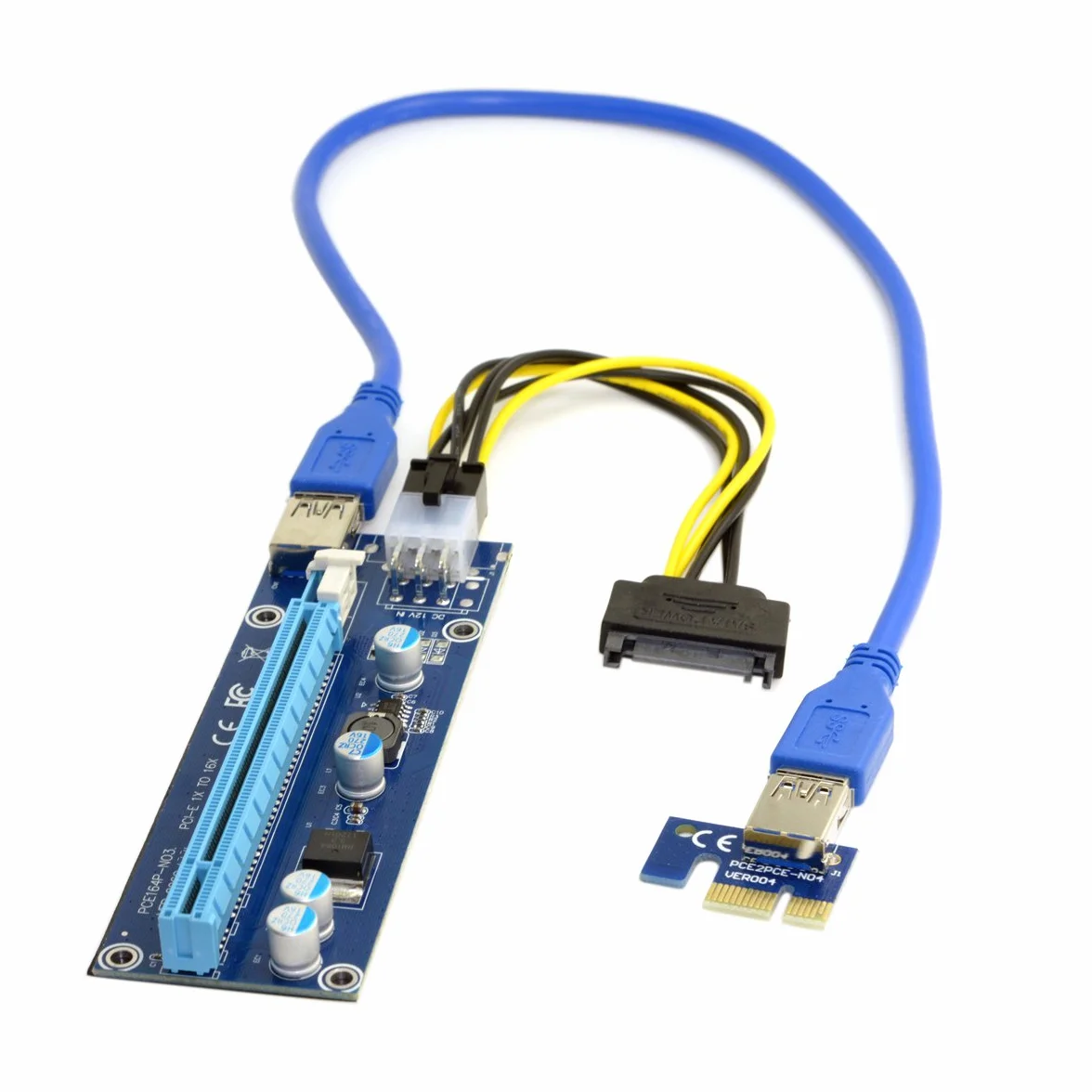 Adaptateur d'extension PCI-E 1x vers 16x avec USB 3.0 et câble d'alimentation 6 Broches