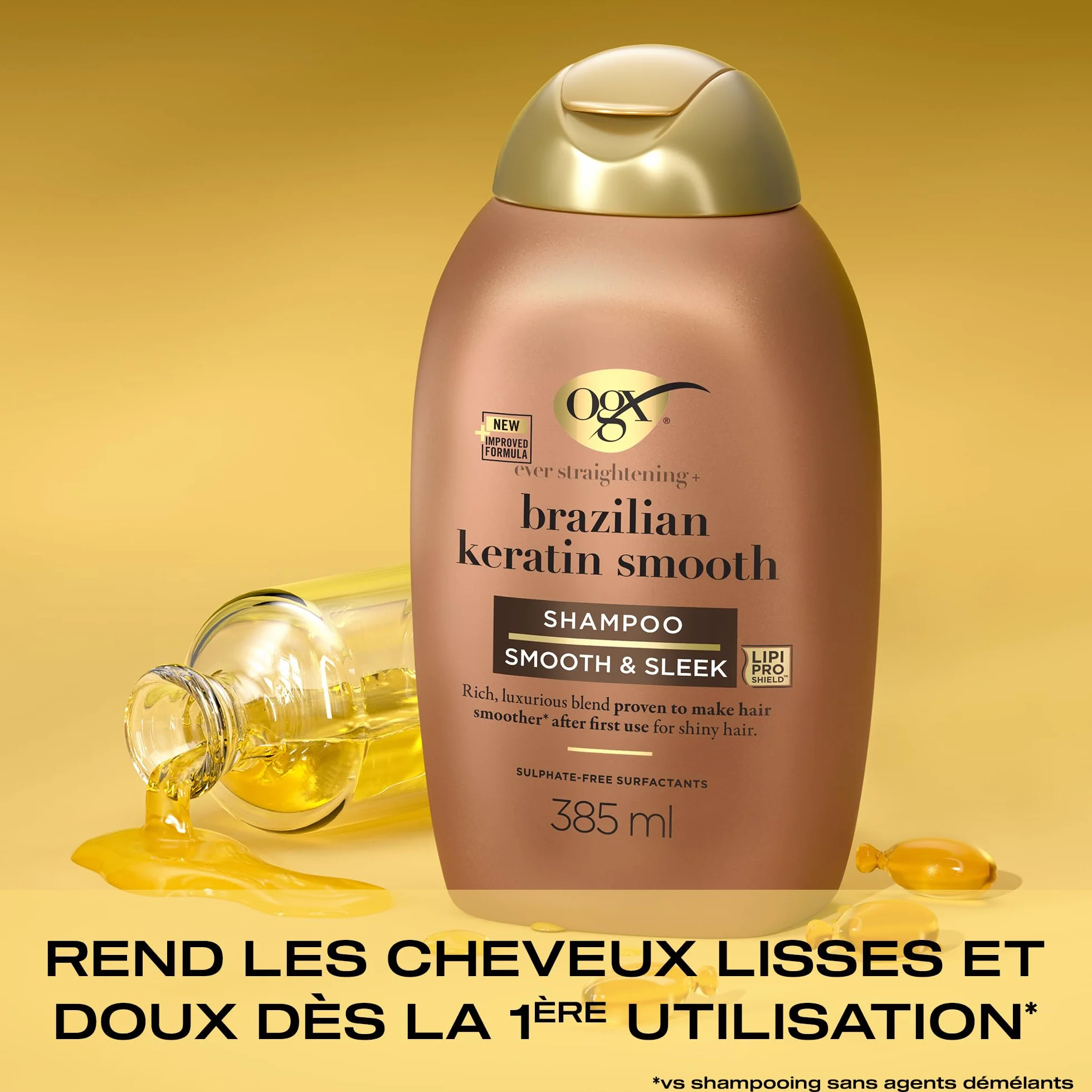 OGX Shampoing Brazilian Keratin Therapy 385 ml – Shampooing Lissant à la Kératine Brésilienne Sans Parabène Sans Sulfates