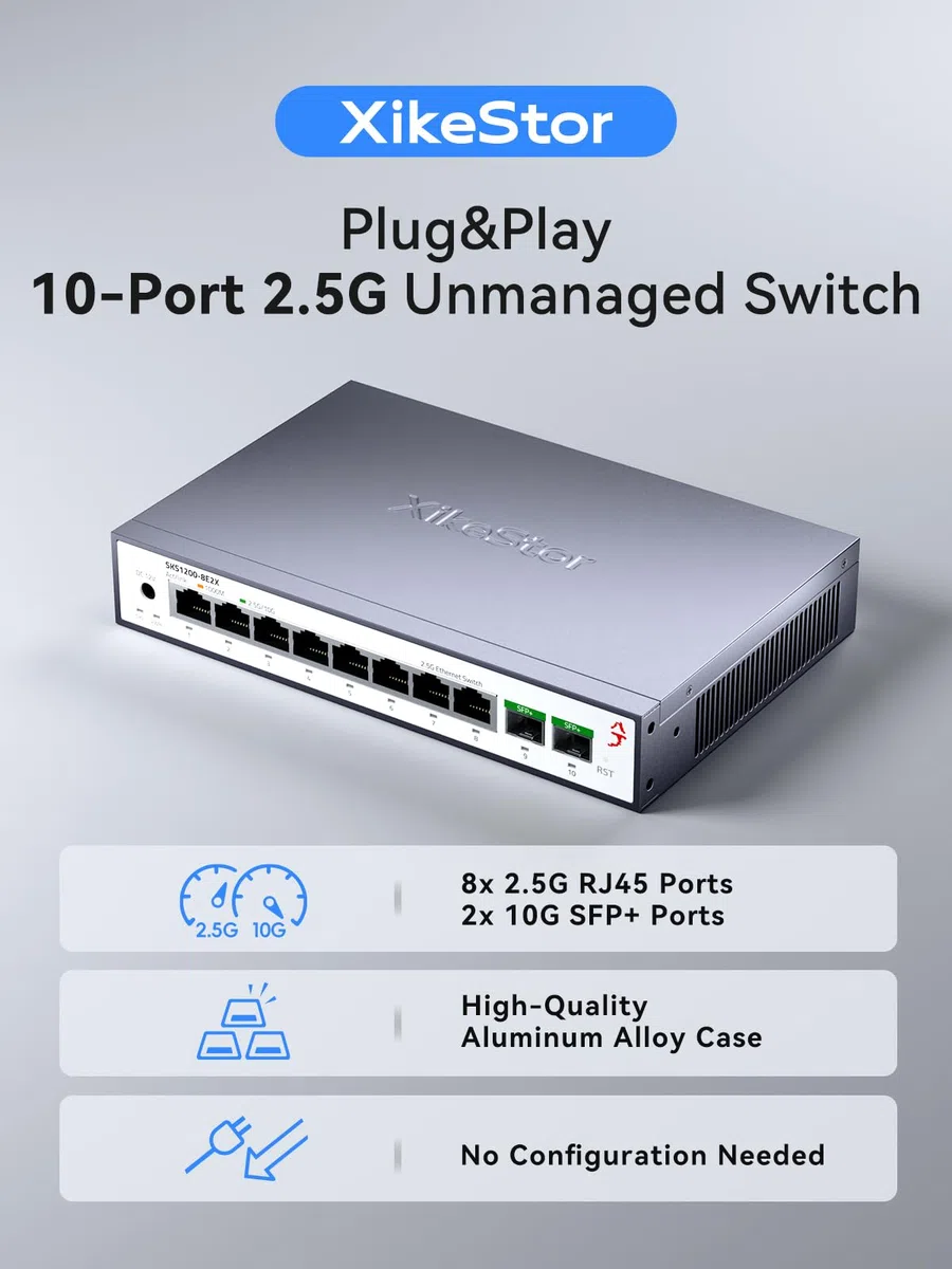 Commutateur Ethernet non géré 8 ports 2,5 G avec 2 x 10 G SFP+, commutateur réseau 2,5 Gigabit, concentrateur Ethernet 2,5 Go, Plug & Play, boîtier en métal, support de bureau/mural