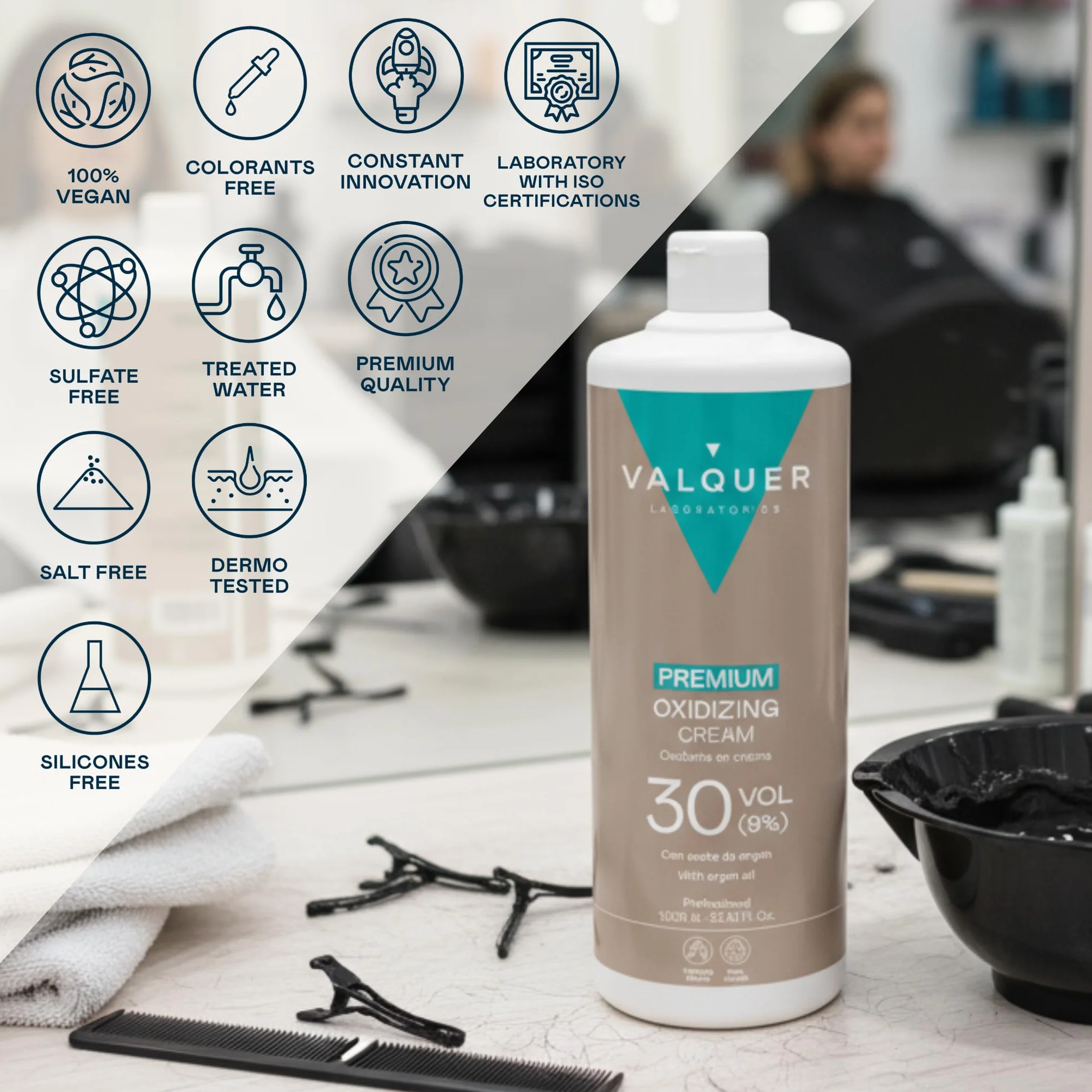 VALQUER Eau Oxygénée 30 Volumes 9% Crème Oxydant Capillaire Professionnel 1L