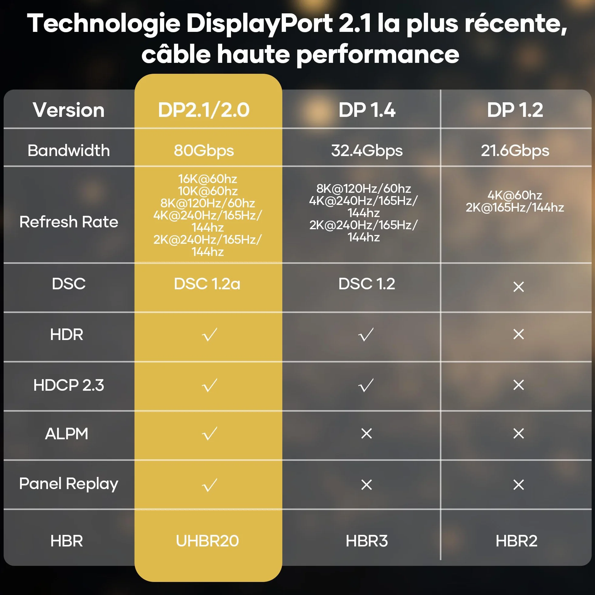 Câble DisplayPort 2.1 16K 5m 80Gbit/s HDR FreeSync G-Sync DSC 1.2a HDCP 2.2