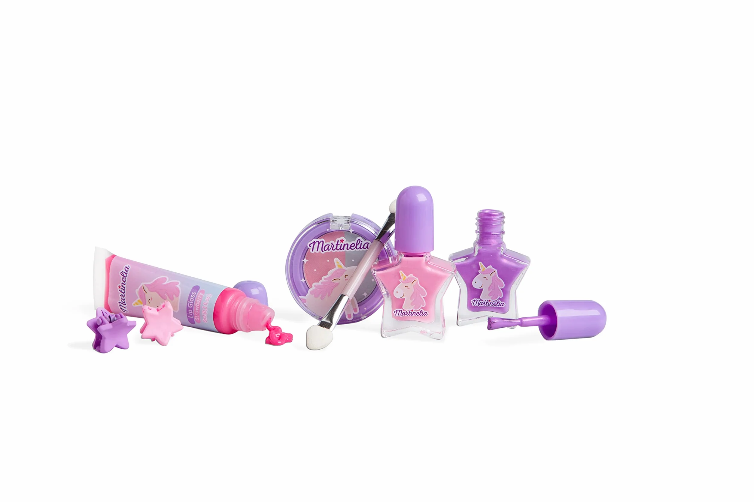 Martinelia Kit Maquillage Enfant Licorne - Gloss Lèvres Fraise, Vernis Ongles, Fards Paupières, Pinceau, Pinces