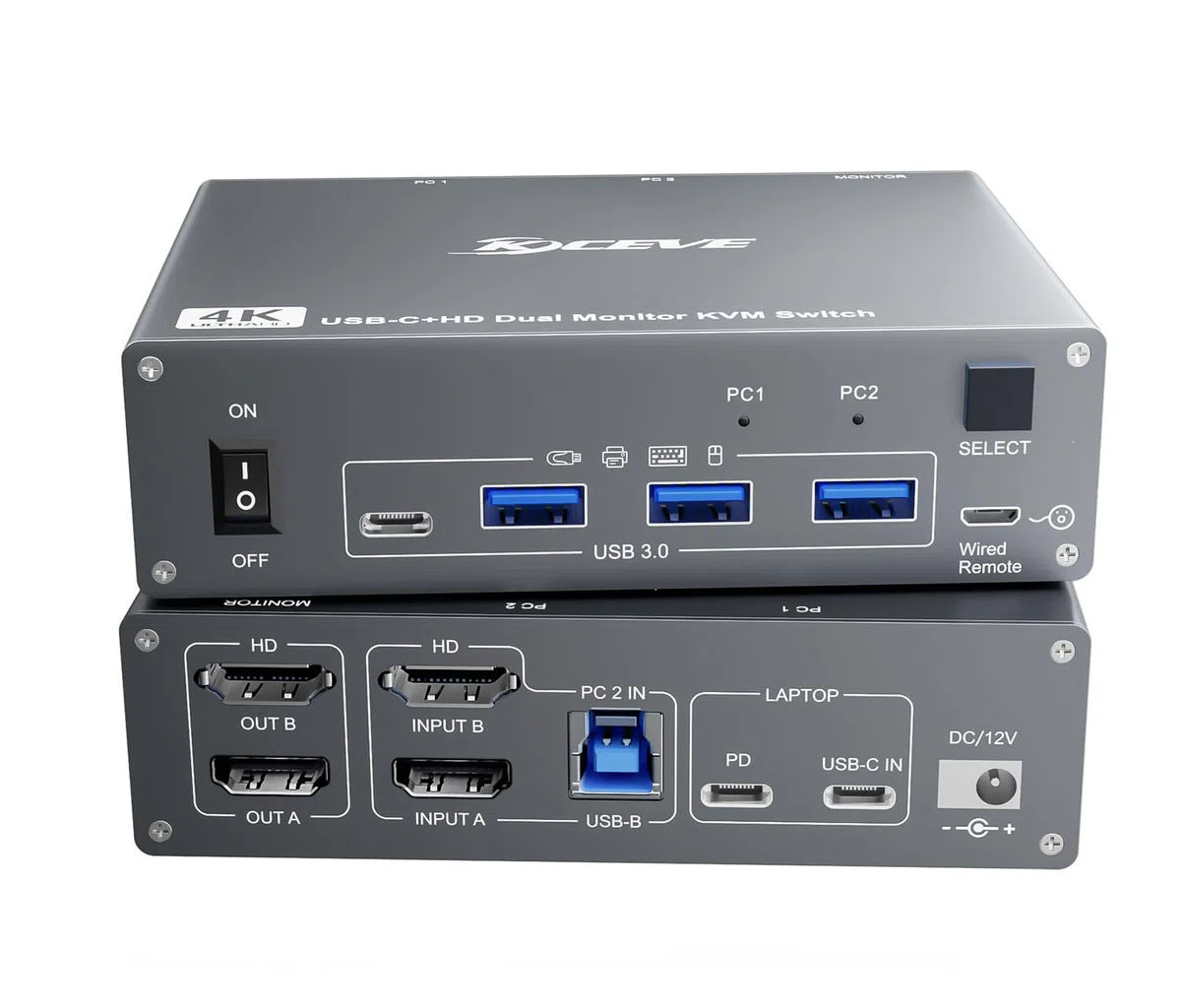Commutateur KVM USB C HDMI 2 PC 2 moniteurs, commutateur KVM double pour ordinateur portable et PC, USB 3.0 MST Dual 4K @ 60 Hz, charge de type C 60 W pour ordinateur portable