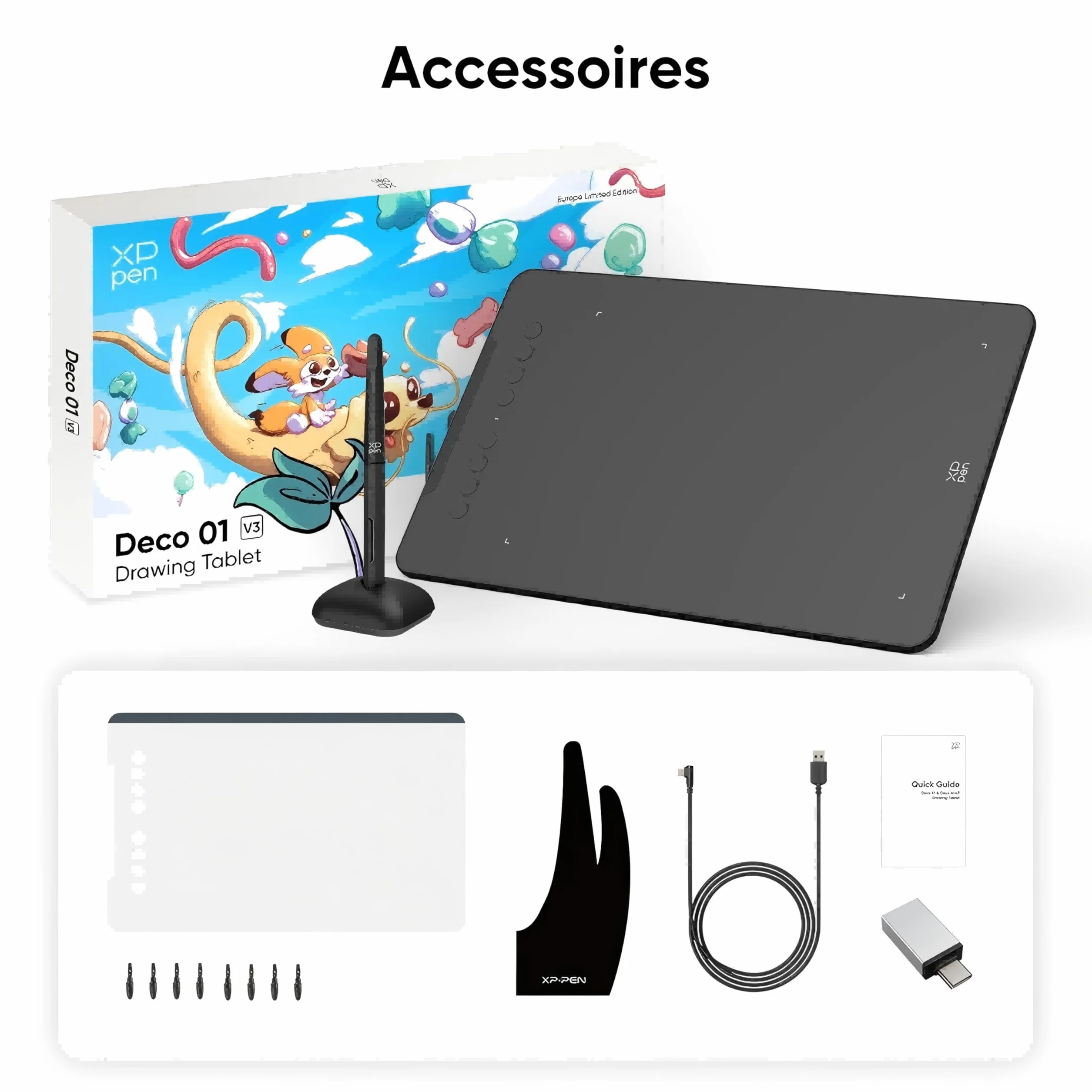 XPPen DECO01V3 Tablette Graphique Dessin 10x6 Pouces Stylet Passif 16384 Niveaux Inclinaison 8 Raccourcis