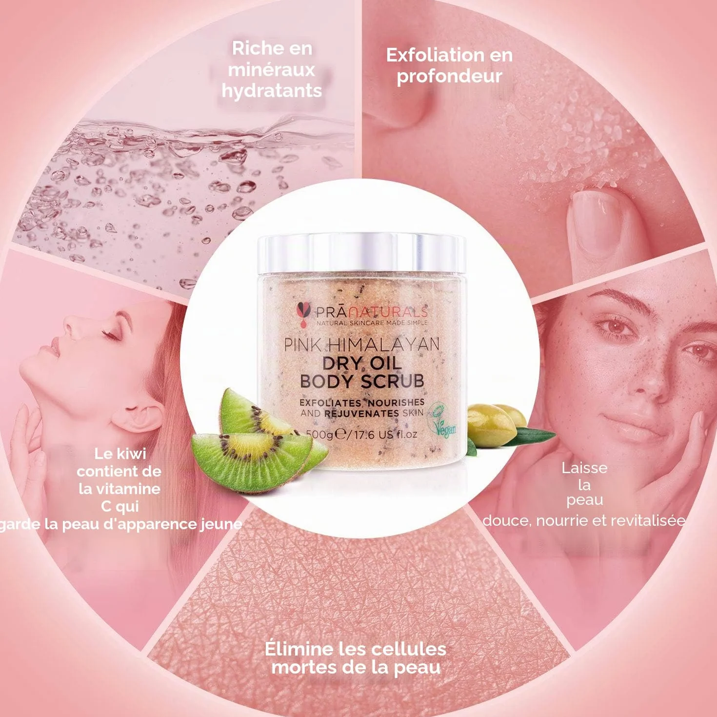 PraNaturals Gommage Corporel au Sel Rose de l'Himalaya 500g - Riche en Minéraux & Vitamines, Élimine Cellules Mortes, Revitalise