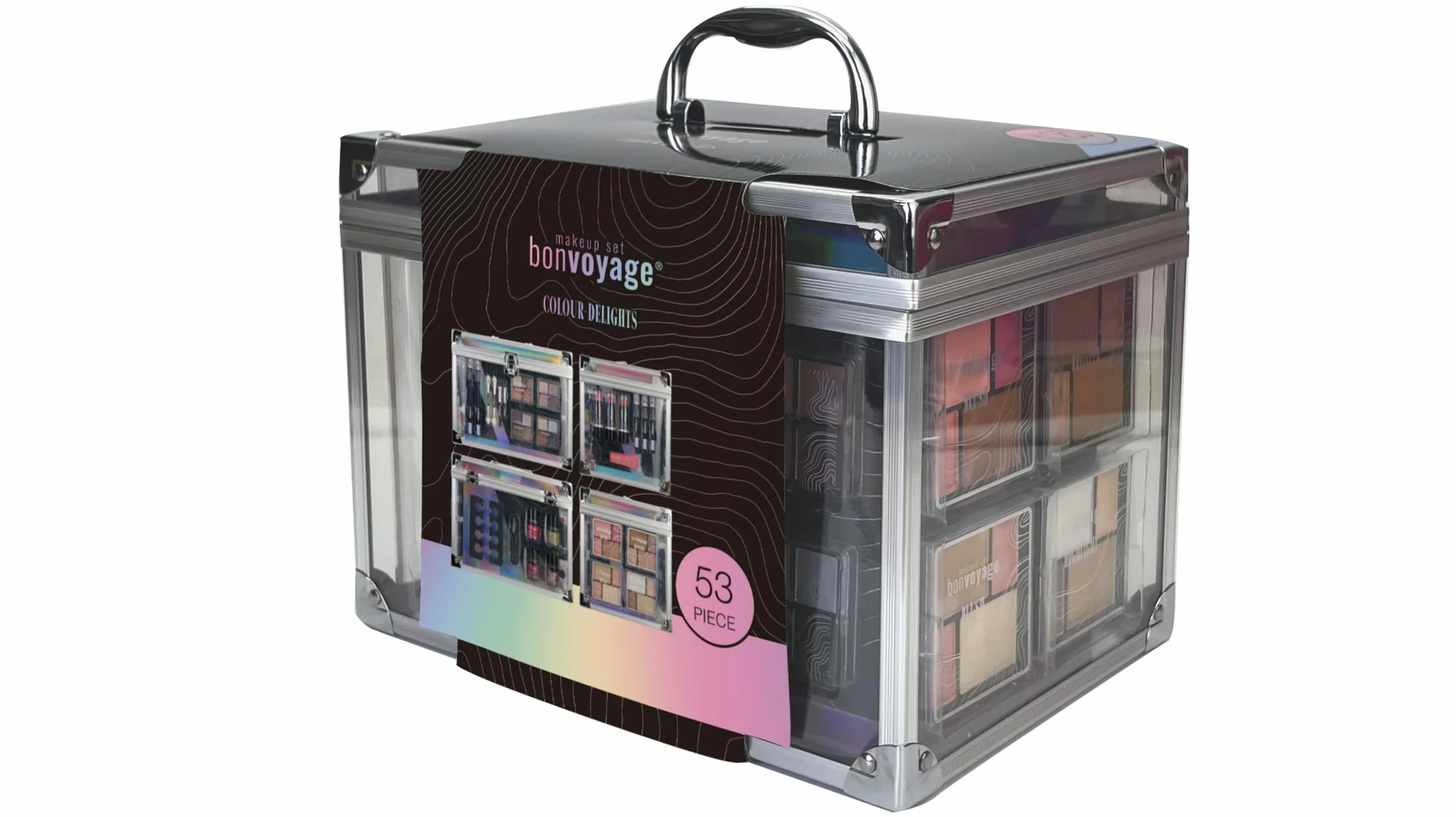 Coffret Maquillage Femme Rouge à Lèvres Ombres à Paupières Blush Set Manucure Pédicure Malette Transparente Portable Colour Delights