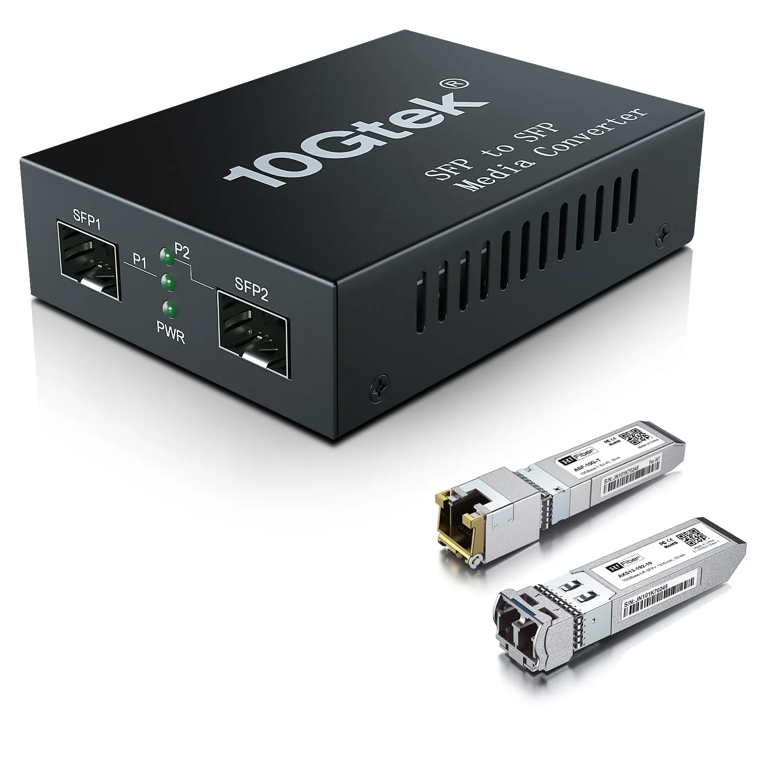 Convertisseur de média SFP+ 10G, double port SFP+, convertisseur fibre vers Ethernet avec module 10GBase-T et 10 Gigabit SFP+ LR, prend en charge CAT6.a/7 et câble fibre LC en mode sinle, SMF, 1310