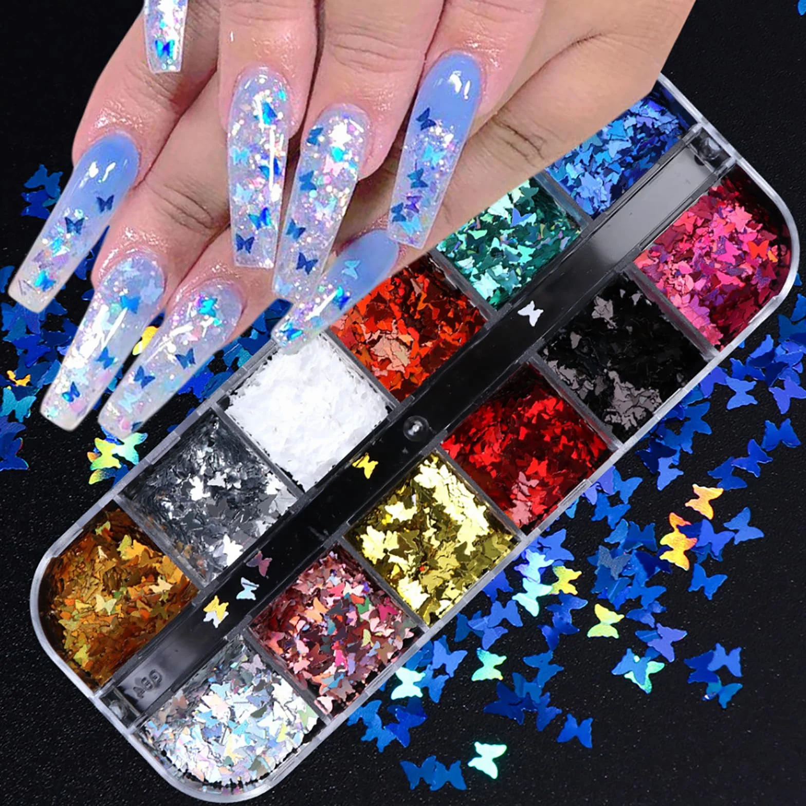 Paillettes 12 Couleurs Holographiques Glitter Nail Art 3D Papillon