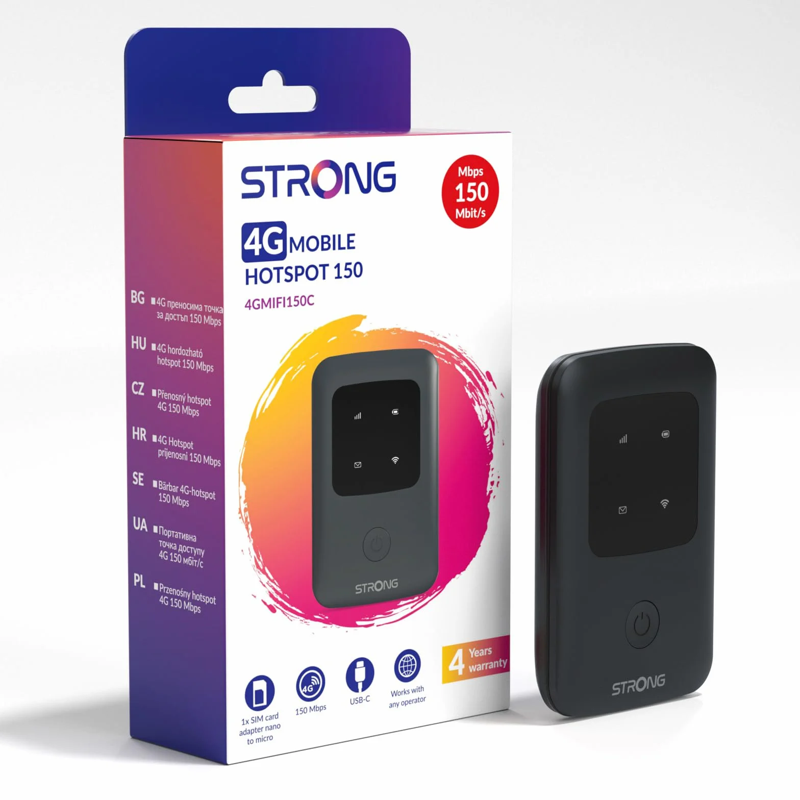 Strong 4G AIRSPOT 210 Routeur WiFi 4G Portable avec SIM, CAT4 150 Mbps | Hotspot WiFi de Poche pour Voyage et Télétravail, Connecte 10 Appareils, Batterie 2100 mAh, USB-C & Fonction Power Bank