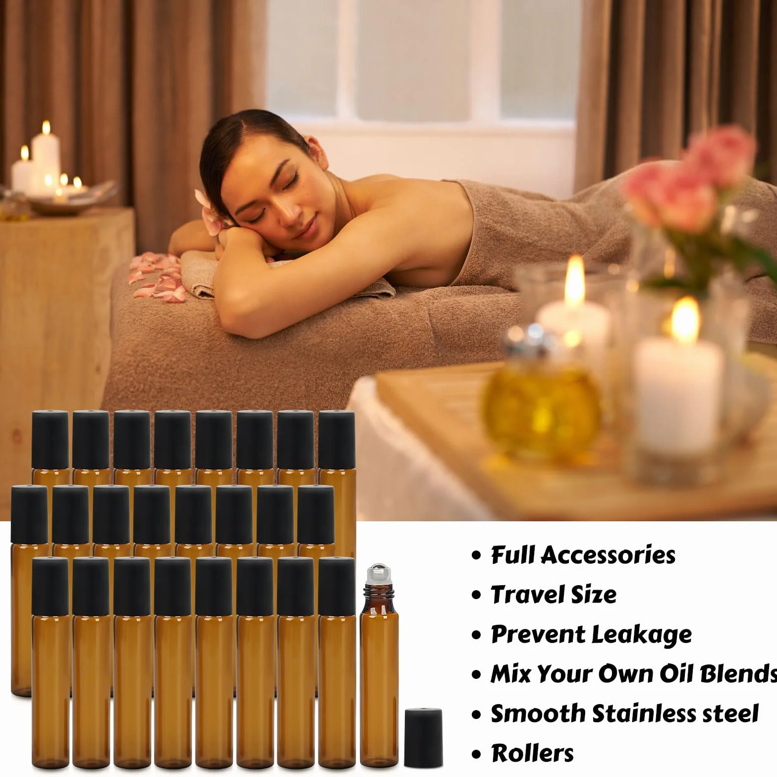 Bouteille Roll On en Verre 10 ml 24PCS Flacon Huile Essentielle Vide avec Bille en Acier Inoxydable