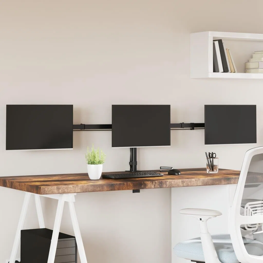 Support de Moniteur Triple Noir en Acier VESA 75 100 mm, réglable pour Bureau ou Mur, Compatible avec écrans 33-68 cm, Fixation Facile, Organisation câble Pratique