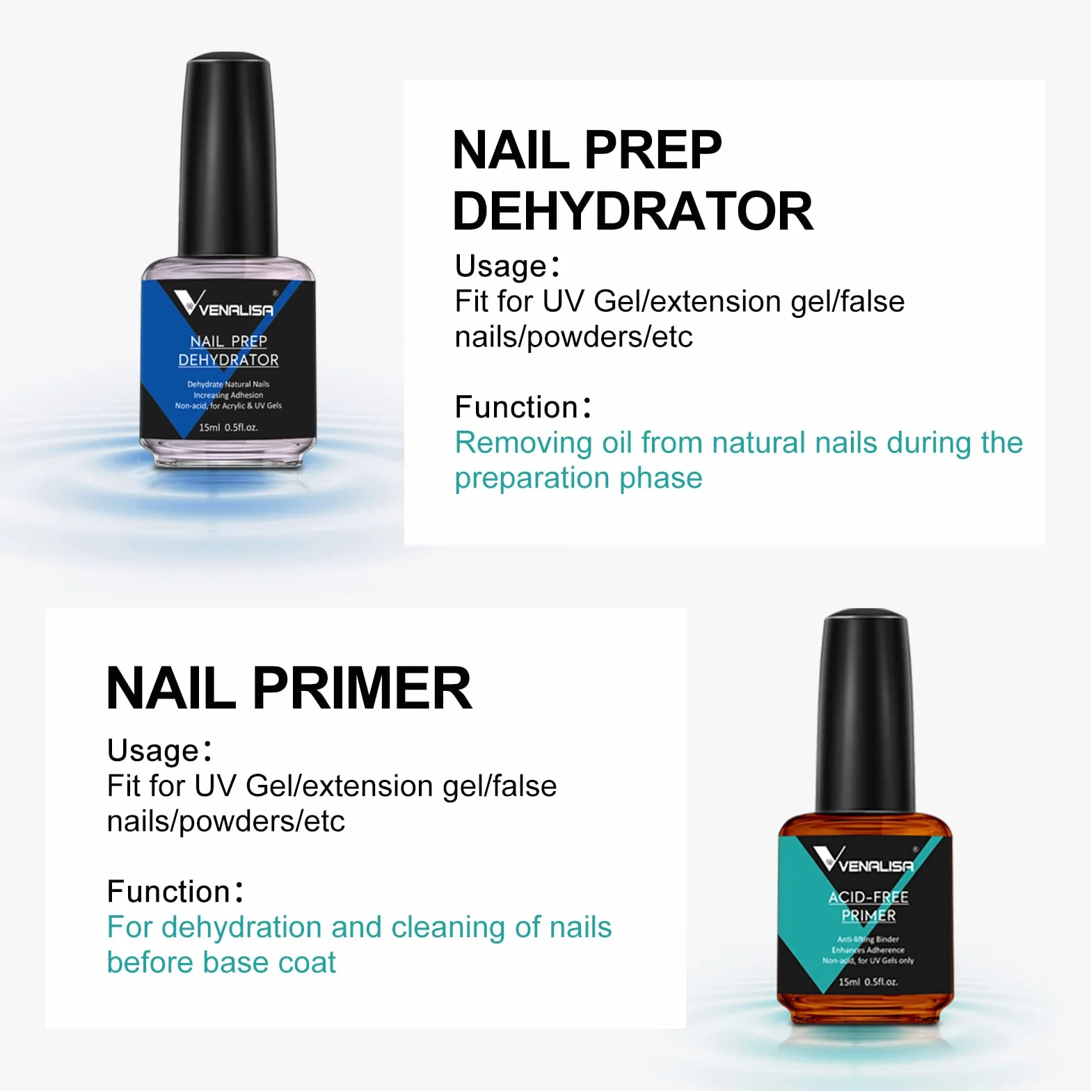 VENALISA Primer Déshydrateur Ongle 15ml*2pcs Set Vernis Semi Permanent UV Poudre Acrylique Nail Prep Manucure
