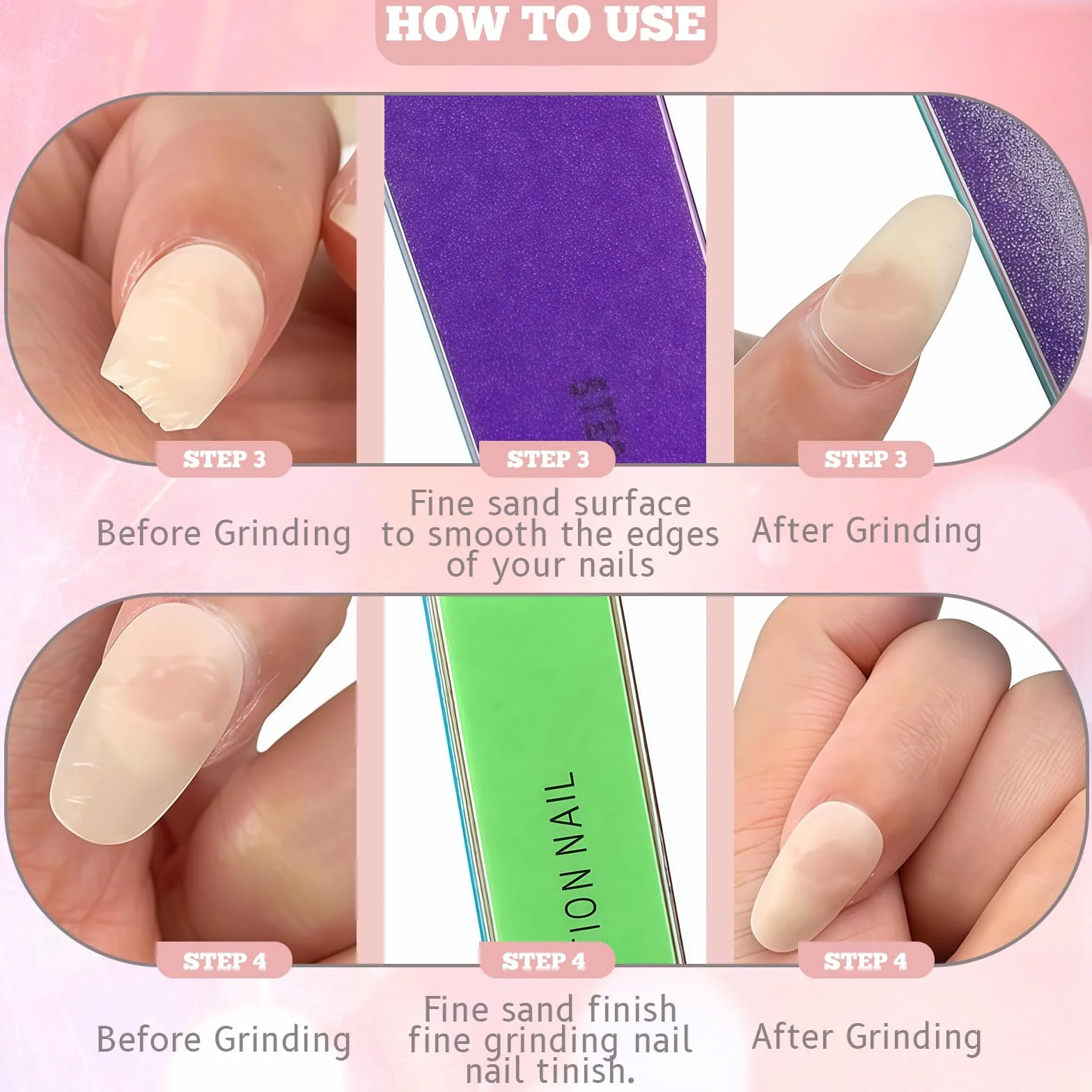 Yamobi 6 pièces Lime à ongles 4 faces pour ongles naturels, blocs de polissage en gel, lavables