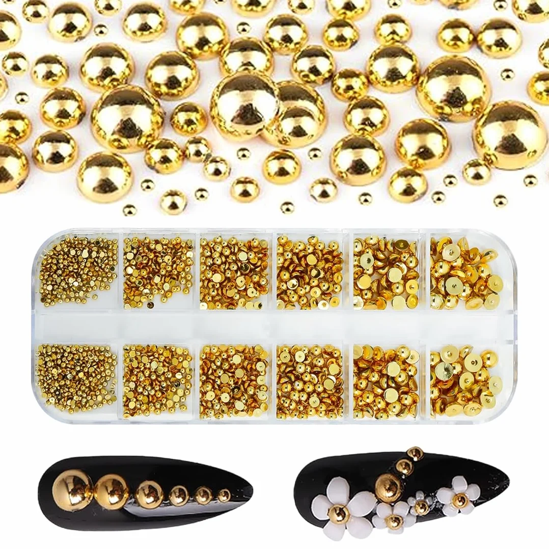 Boîte 3D Flatback Perle Ongle Or, Strass Nail Art Demi-Rondes Métal pour Décoration Ongle