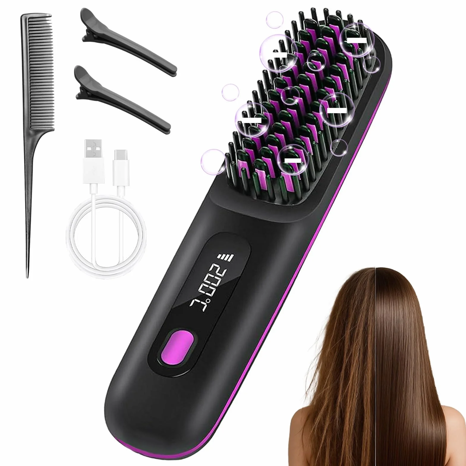 Brosse Lissante Sans Fil 4 en 1, Fer à Lisser Céramique Anti-Brûlure 3 Réglages avec Affichage LED